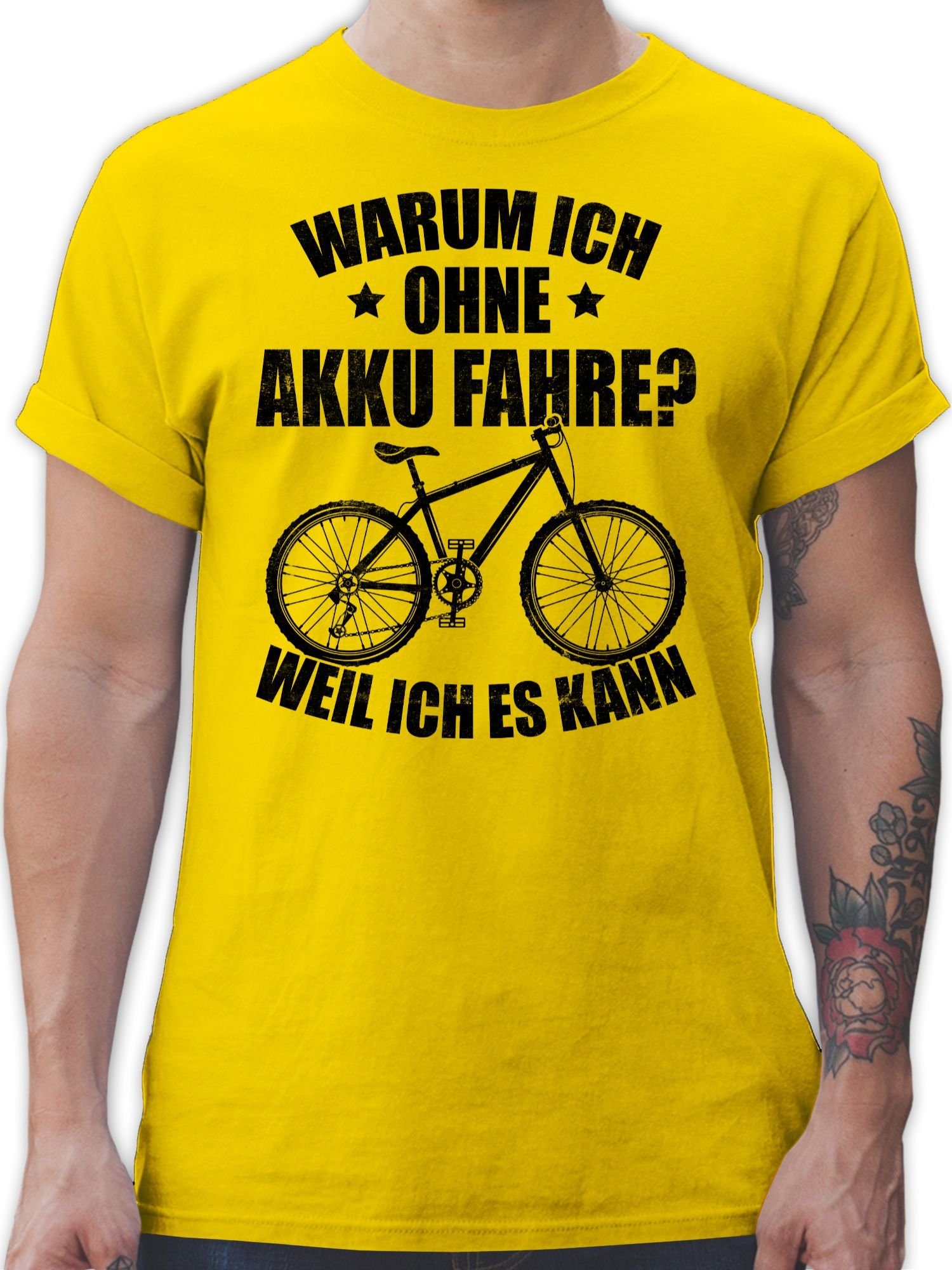 Shirtracer T-Shirt Warum ich - schwarz weil fahre kann ich 03 es Akku - Bekleidung Radsport ohne Fahrrad Gelb