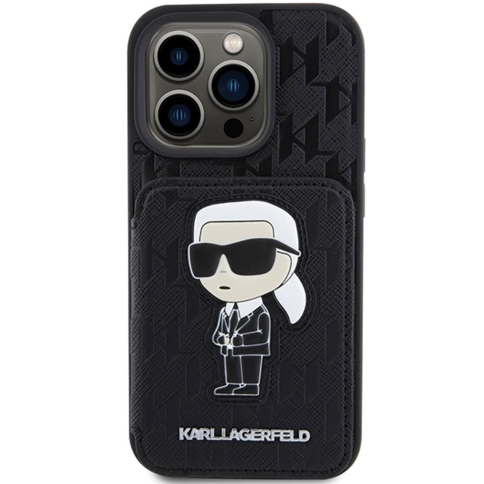 KARL LAGERFELD Handyhülle Case iPhone 15 Pro Max aufstellbar Kunstleder schwarz 6,7 Zoll, Kantenschutz