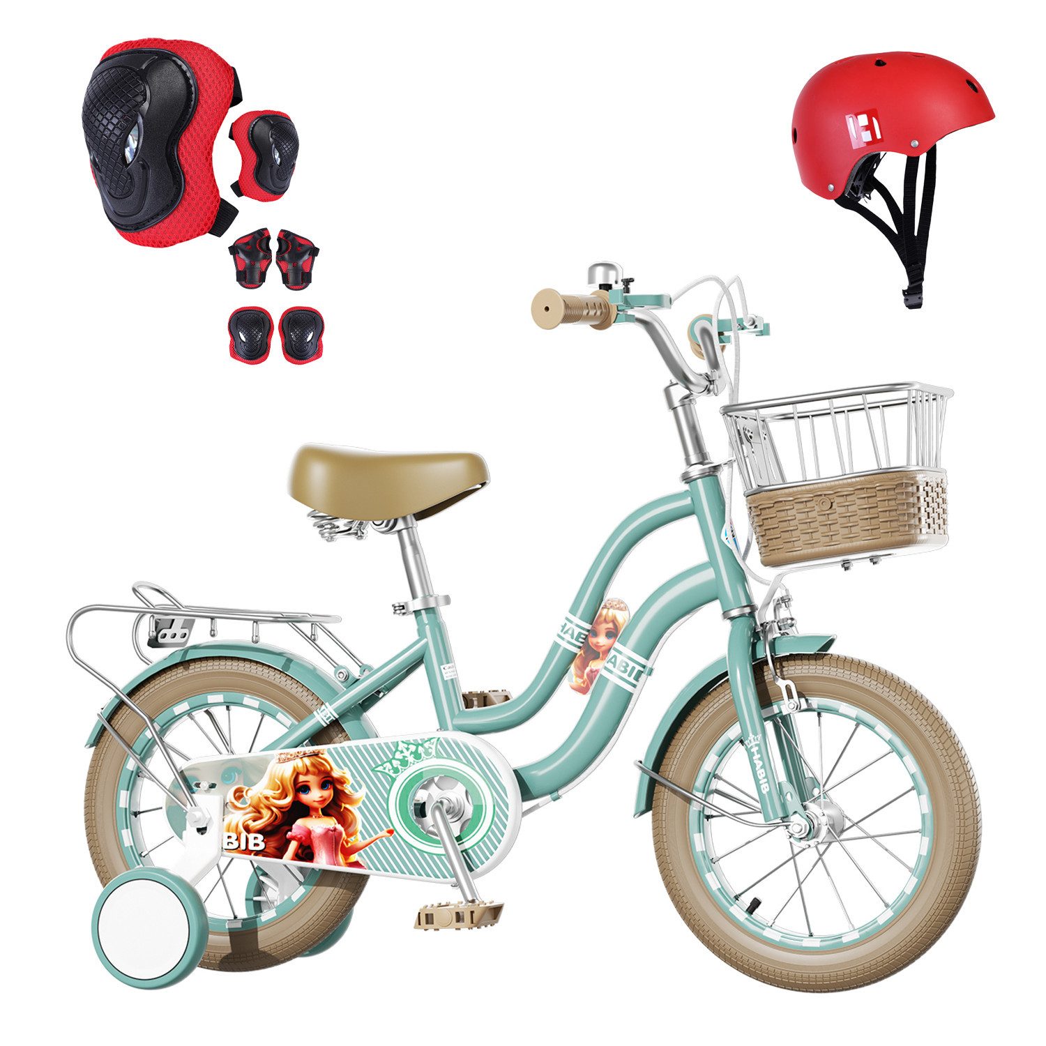 Habib Gruppe Kinderfahrrad Mädchenfahrrad 6-teiligem Schutz-Set & Duales Bremssystem 3-8 Jahre