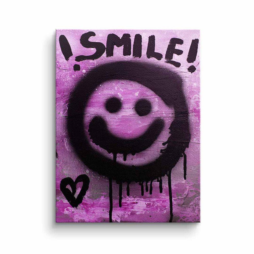 Leinwandbild mit Leinwandbild, premi lächle lila smilie Rahmen DOTCOMCANVAS® goldener schwarz emoji smile graffiti