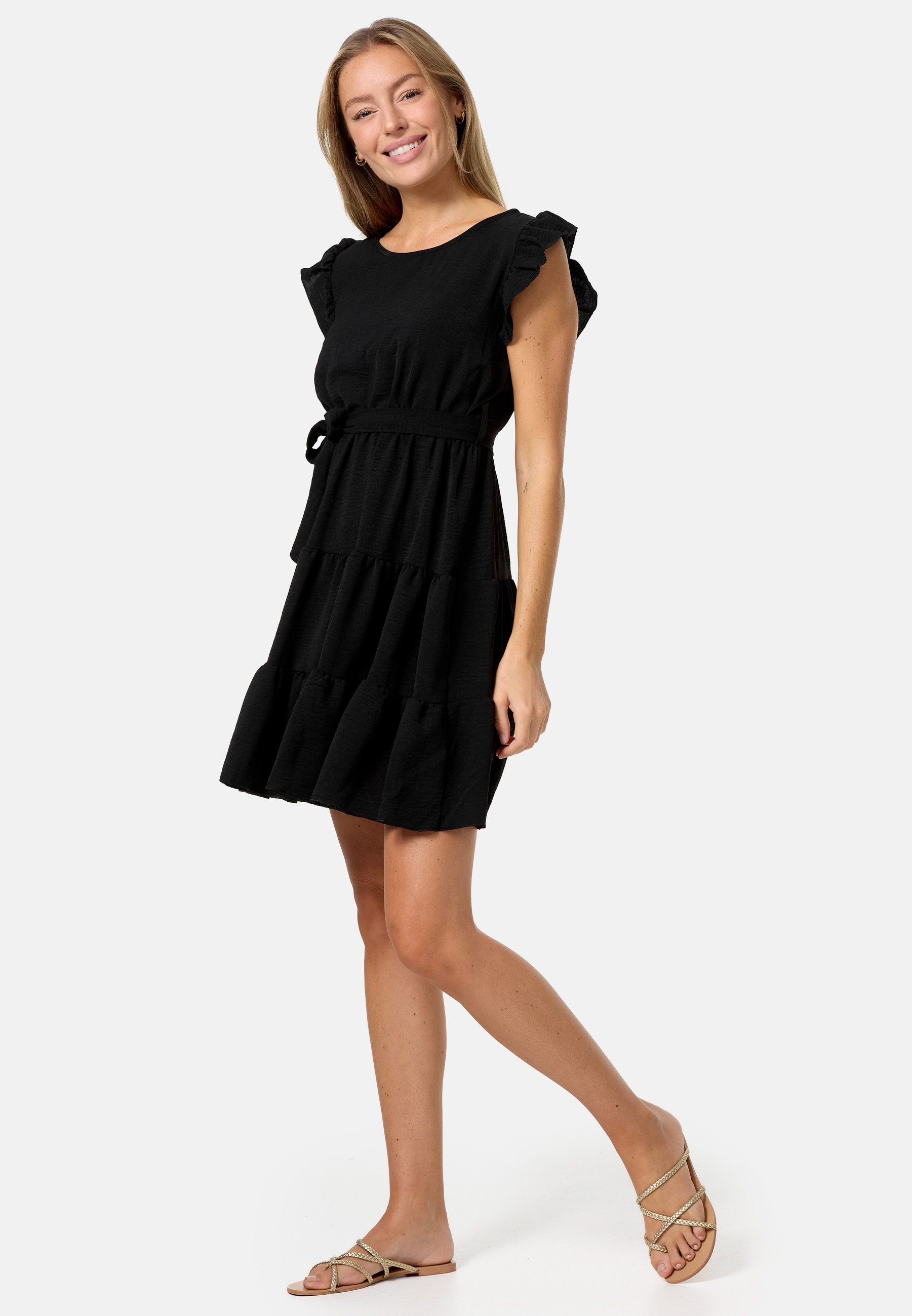 Einheitsgröße) Rüschen Schwarz Kleid PM in mit PM-27 Minikleid Midi SELECTED (Sommerkleid