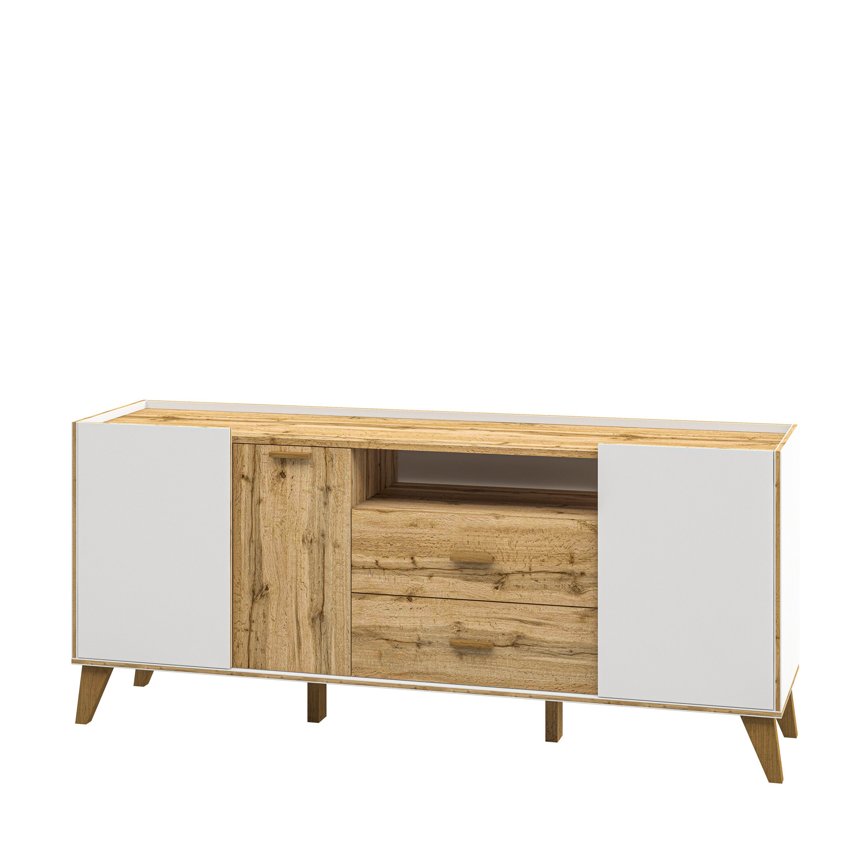 Skandi, TV-Kommode, Wohnzimmer-Set Möbel-Lux Weiß Couchtisch), Vitrine, (4-St., Schrank,