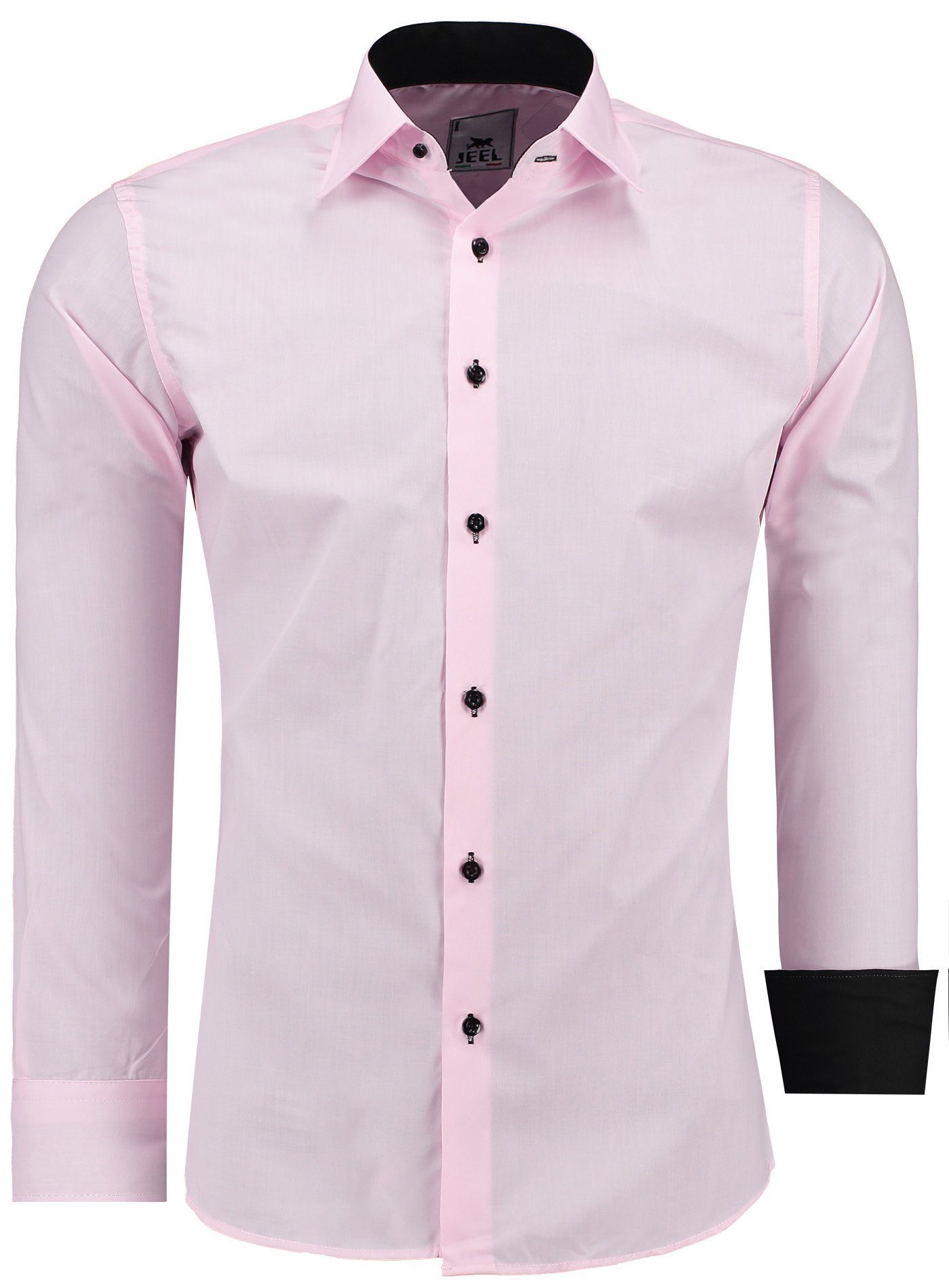 Langarm Langarm farblich Hemd Fit mit Rosa Uni JH12105 Elementen, Businesshemd Kentkragen Herren JEEL abgesetzten Slim