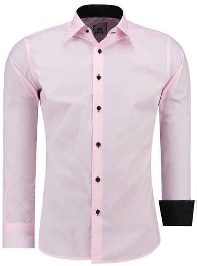 JEEL Businesshemd JH12105 Slim Fit Langarm Herren Hemd mit farblich abgesetzten Elementen, Langarm Kentkragen Uni