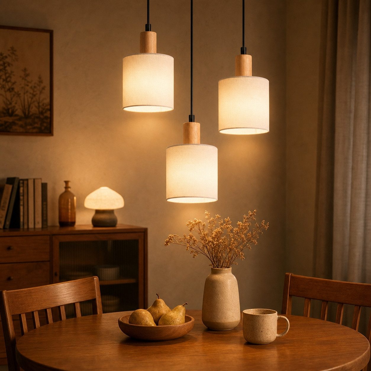 Nettlife Pendelleuchte Vintage Holz Stoff Weiß 1/3 Flammig E14 Rustikale Beleuchtung, Höhenverstellbar, LED wechselbar, Küche Wohnzimmer Restaurant Schlafzimmer Flur