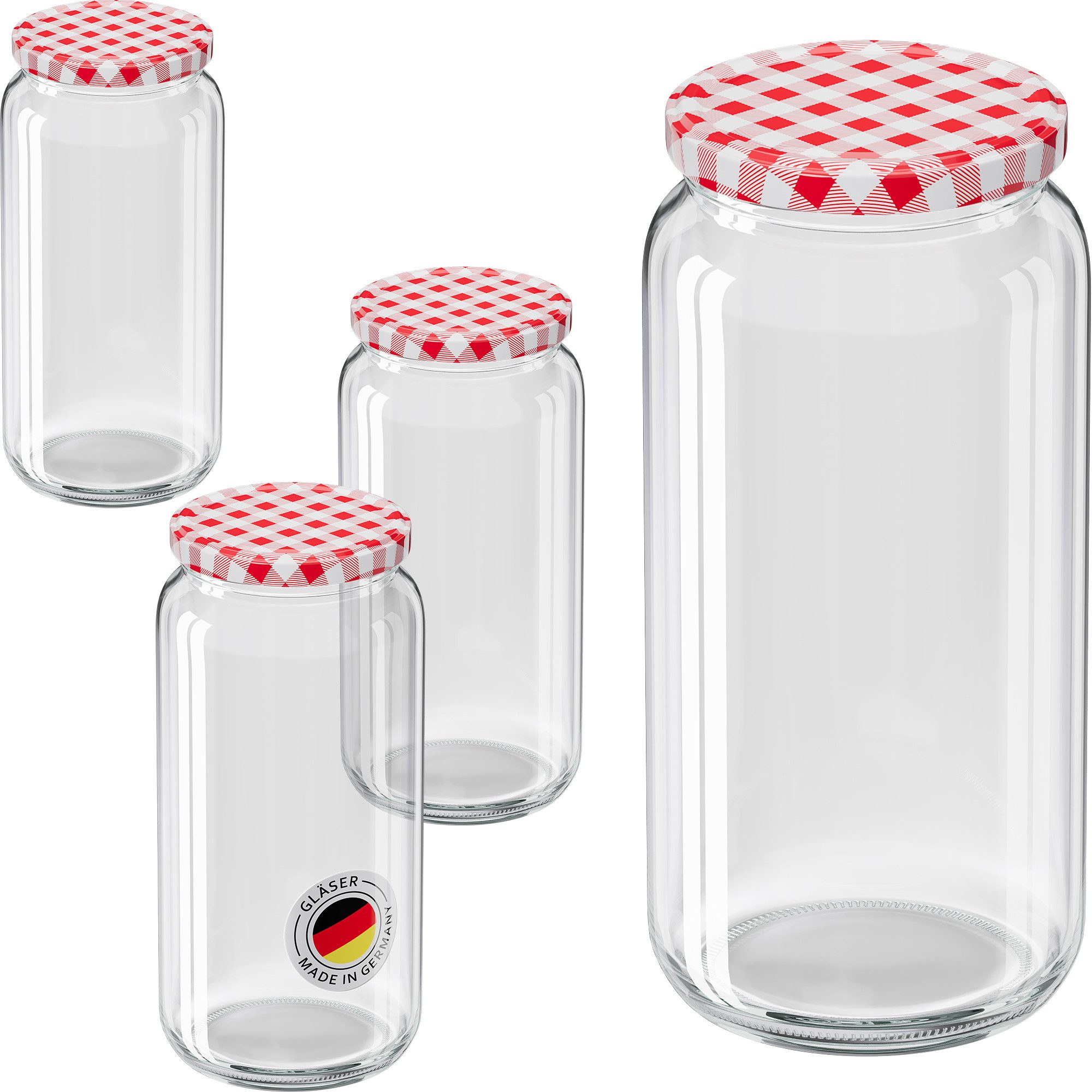 Wellgro Vorratsglas Einmachgläser mit Schraubdeckel TO 82, rot kariert, (3-tlg)