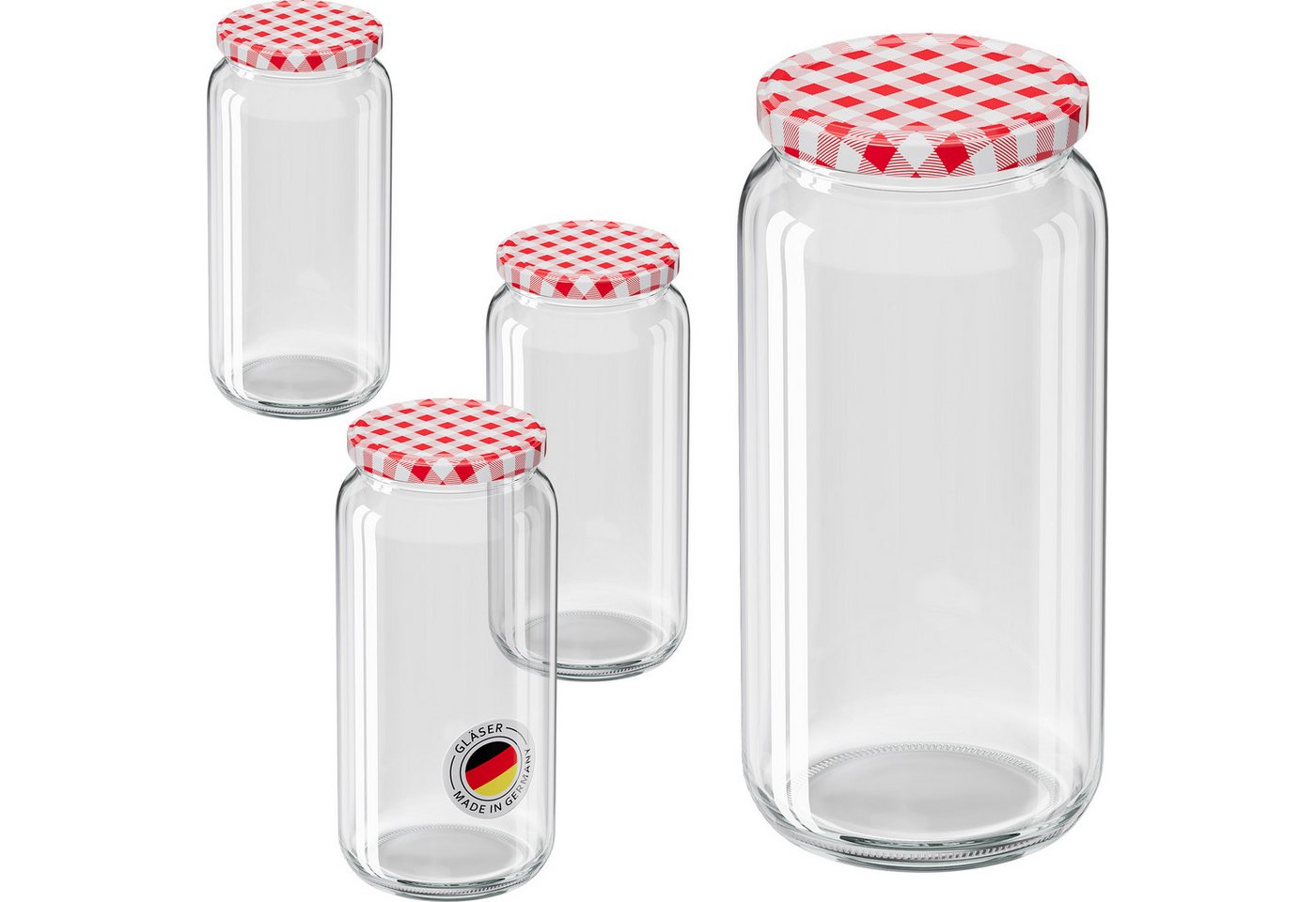 Wellgro Vorratsglas Einmachgläser mit Schraubdeckel TO 82, rot kariert, (3-tlg)