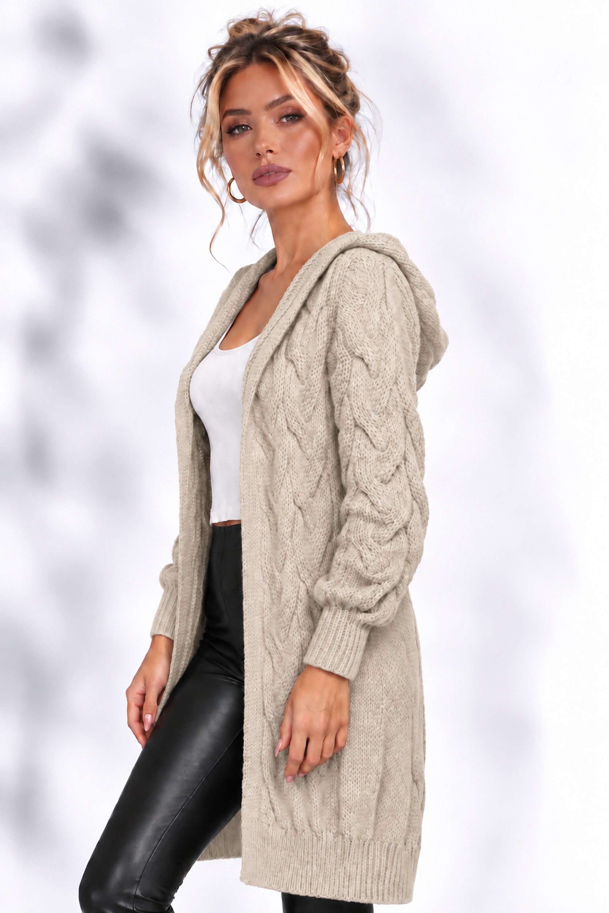 Worldclassca Kapuzenstrickjacke Worldclassca lange Strickjacke Zopfmuster Cardigan Kapuze Bolero Neue Kollektion - Stilvolle und gemütliche Strick Mode für Dame – Bild 2 von 3