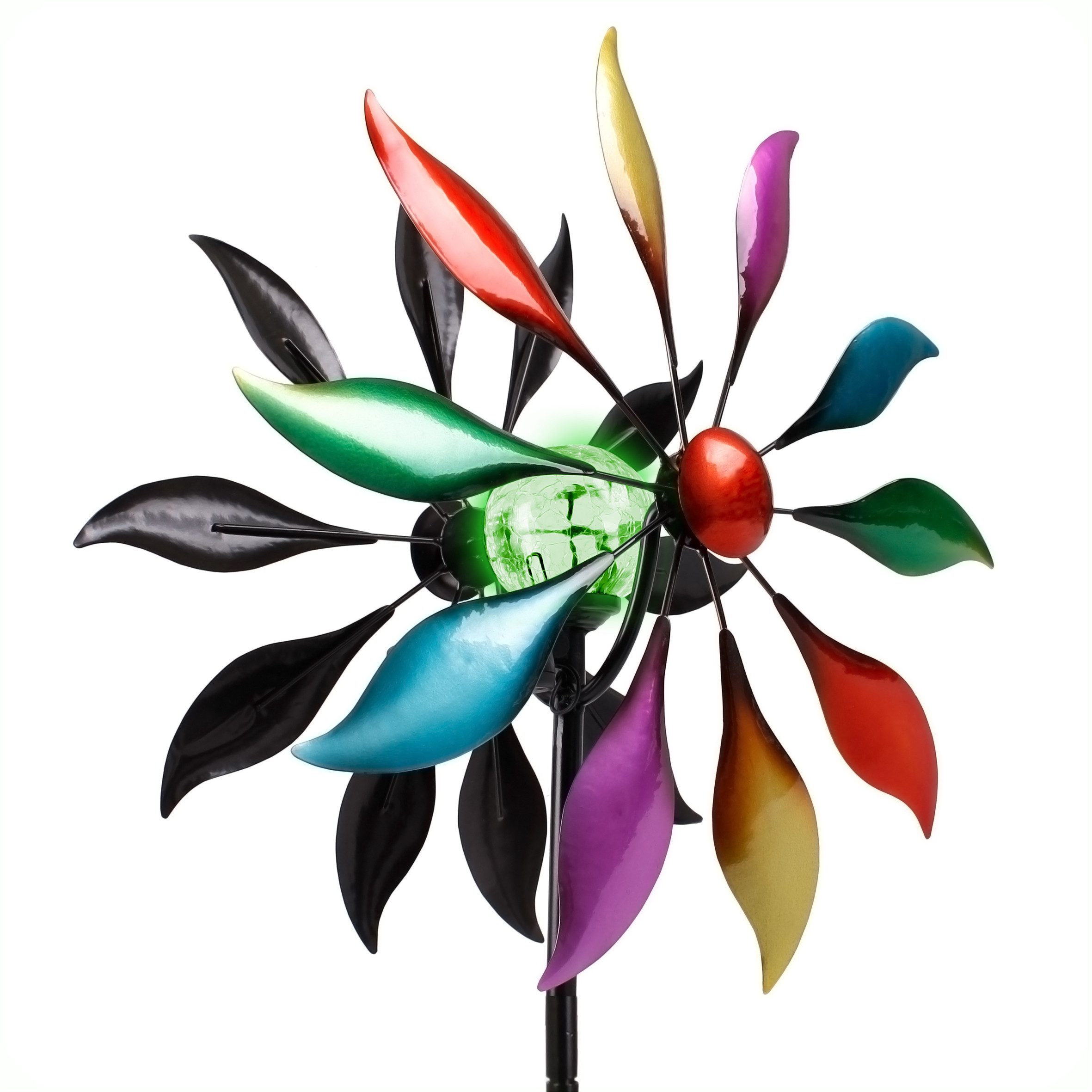 Spetebo Windrad Metall Doppel Windrad mit Solar LED Glaskugel - Ø 38 cm (Stück, 1 St., Solar Windrad), Deko Gartenstecker mit Farbwechsel Beleuchtung