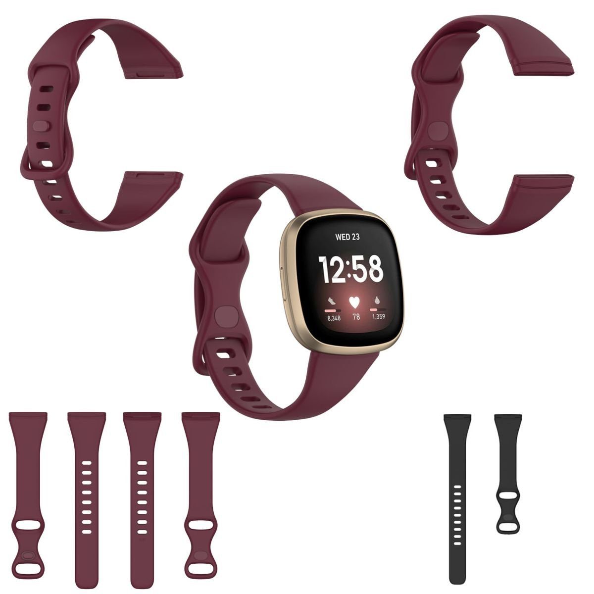 Wigento Smartwatch-Armband Für Fitbit Versa 4 / Versa 3 / Sense Kunststoff  / Silikon Armband für Männer / Größe L Weinrot Uhr