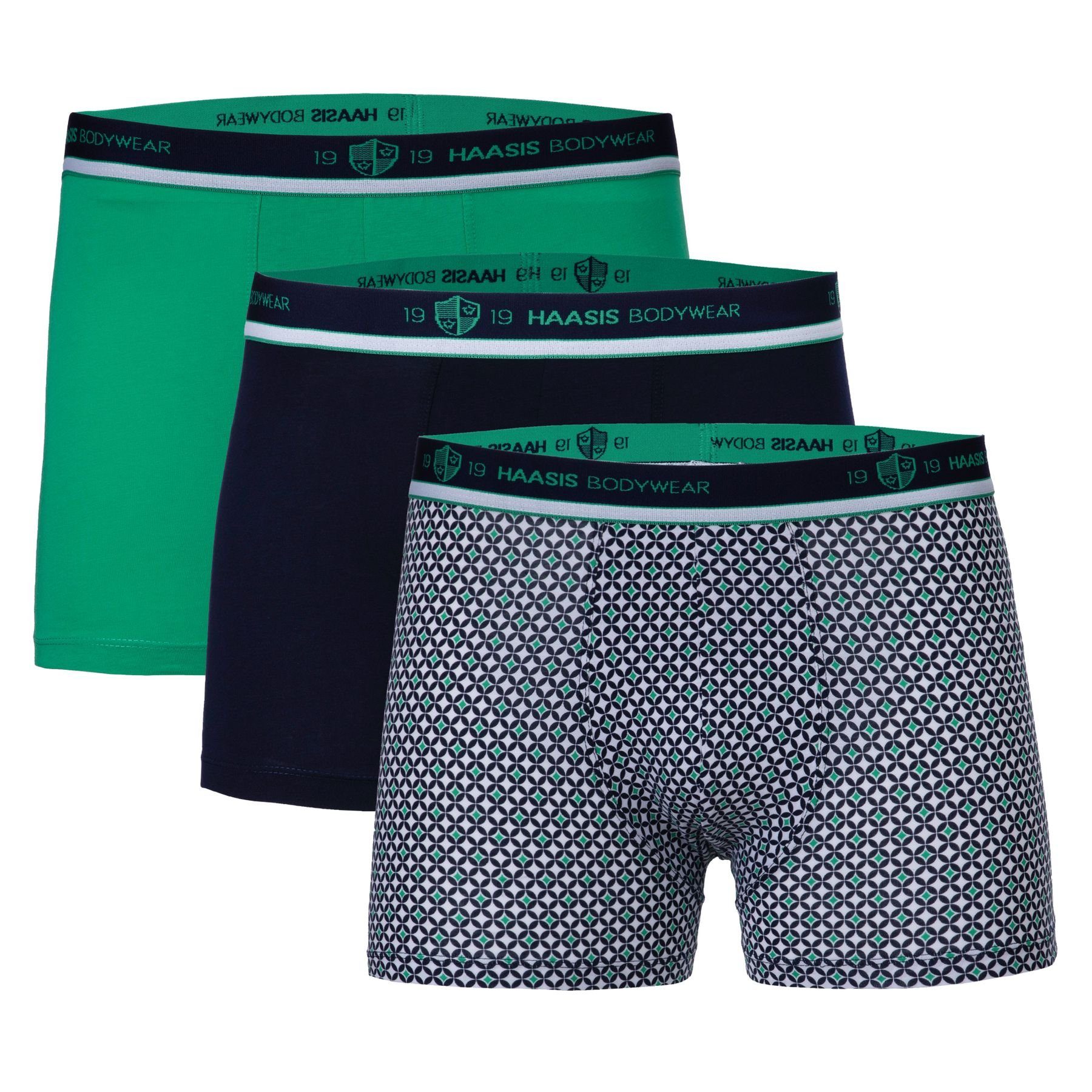 HAASIS Bodywear 1919 Retro Pants Herren Pants 77379413-marine/grün/print ( Packung, 3-St., 3er Pack) Optimale Passform, pflegeleicht, formbeständig,  strapazierfähig | Boxer anliegend