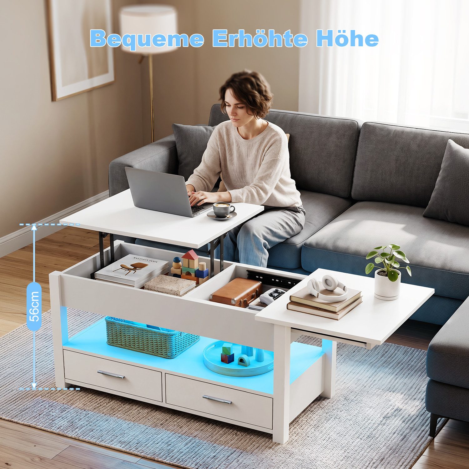 oyajia Couchtisch Wohnzimmertisch mit LED Beleuchtung & Fernsteuerung Beistelltisch (Bluetooth-Fernbedienung,App-Steuerung,100 x 50 x 46cm,mit 2 Schubladen,Farbwechsel-LEDs, offenen Fächern,stabil, pflegeleicht), Teetisch mit ausziehbar Tisch & Stauraum