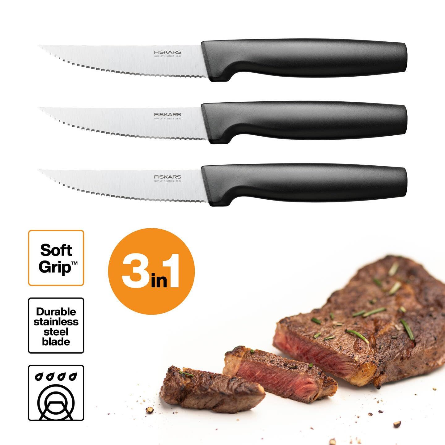 Fiskars Steakmesser Steakmesser-Set, 3-teilig, Edelstahl/Kunststoff, Schwarz Functional Form Design, ideal für Fleischgerichte