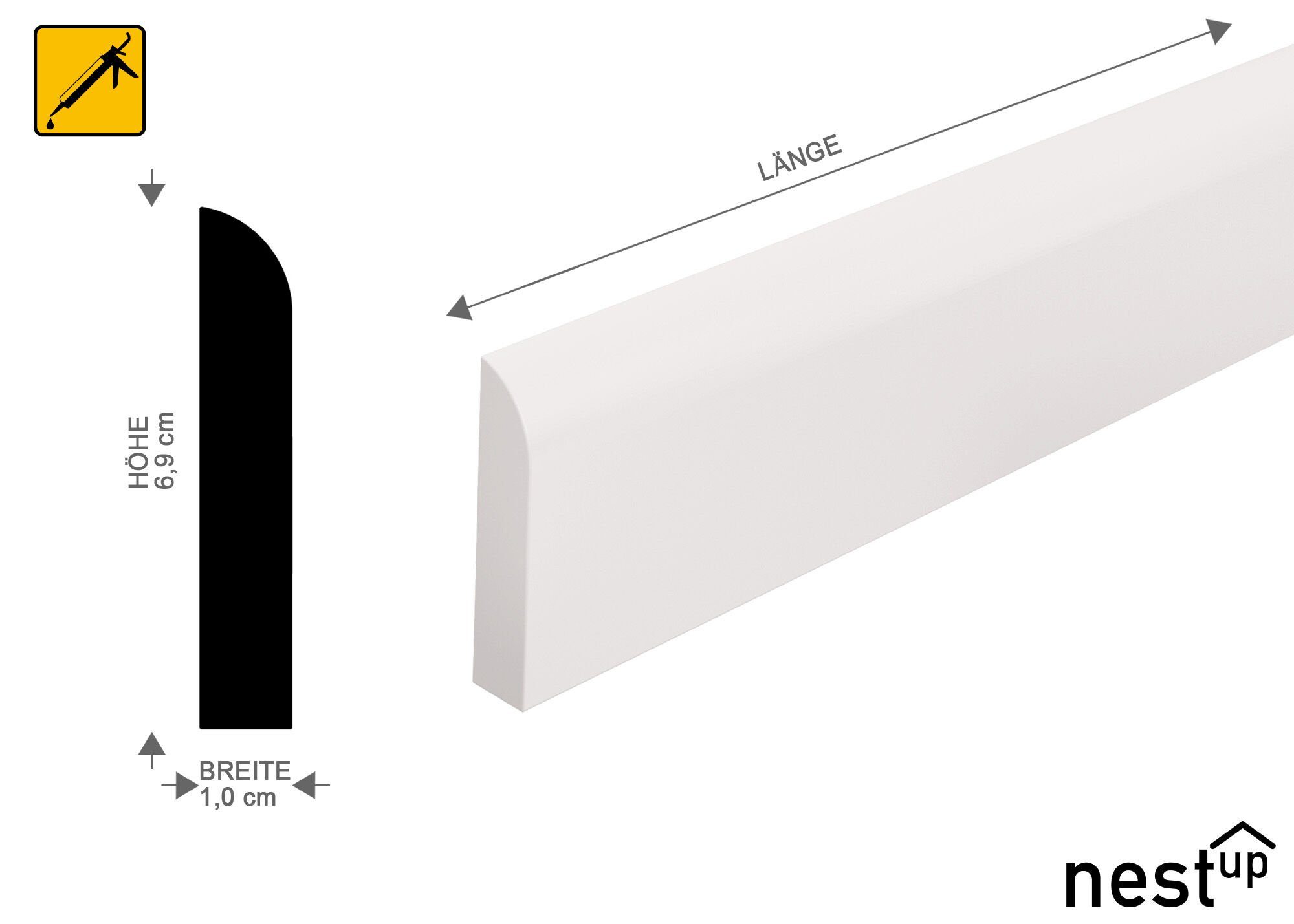 6.9 NUK02 10x69x2400 cm, Biegebare H: Leiste weiß, 240 cm, nestup Sockelleiste L: Stück 1