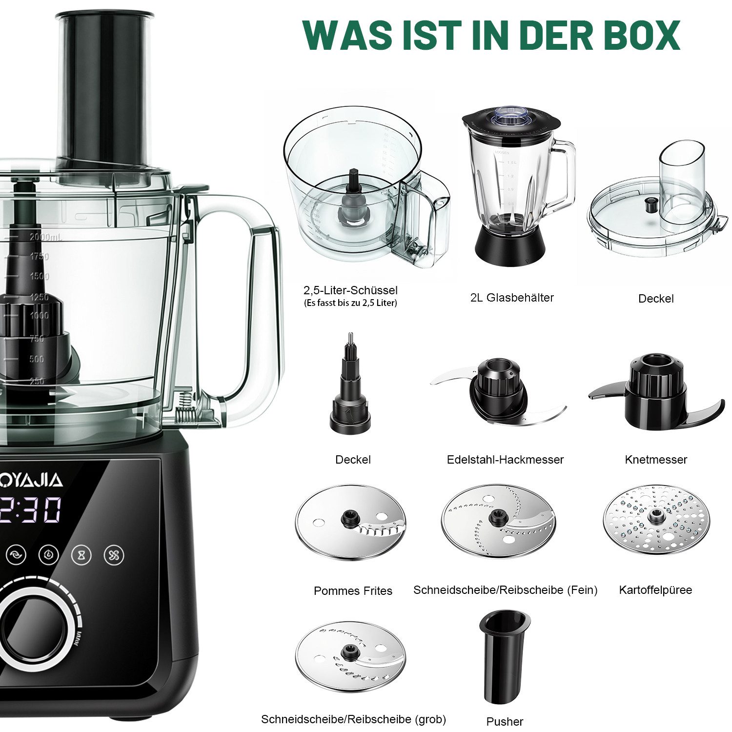 oyajia Küchenmaschine Mixer Kombination, 2,5L Zerkleinerer für Fleisch, Gemüse und Teig, 2L Standmixer mit Glasbehälter, 11 Geschwindigkeitsstufen&Pulsfunktion für Smoothies, Saft usw, 2000 W, 2,5 l Schüssel, Raspelscheiben Zitruspresse Zerkleinerer Eiscrusher Power