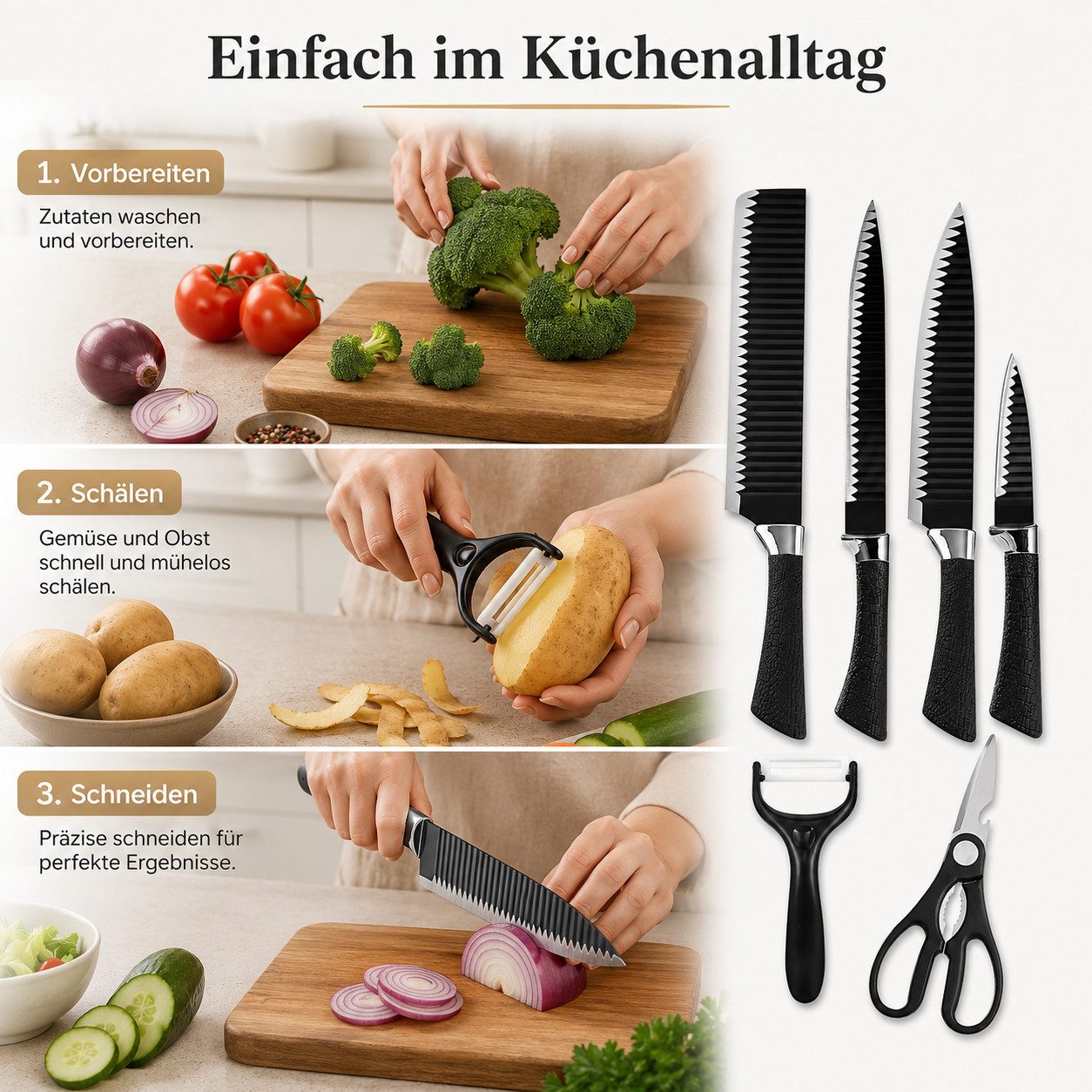 Diyarts Messer-Set (Hochwertiger Edelstahl für langlebige Schärfe, 6-tlg., ergonomische Polypropylen-Griffe für maximalen Komfort), modern, präzise Schnitte dur – Bild 4 von 5