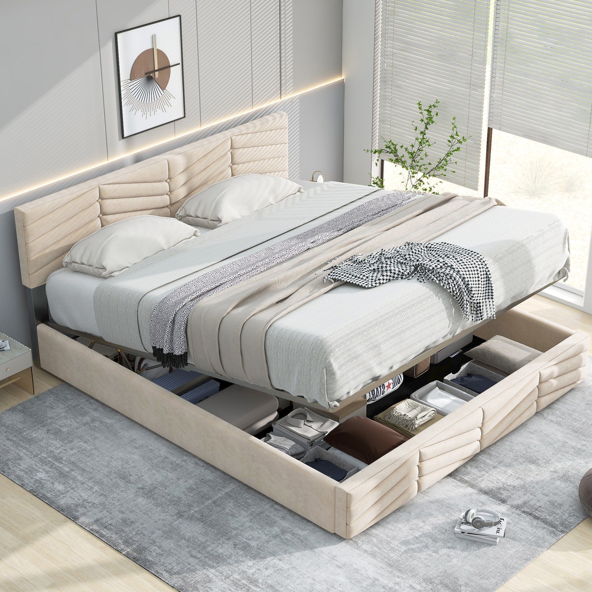 Odikalo Stauraumbett Polsterbett Lattenrost Kopfteil Holzlatten Samt Beige/ günstig online kaufen