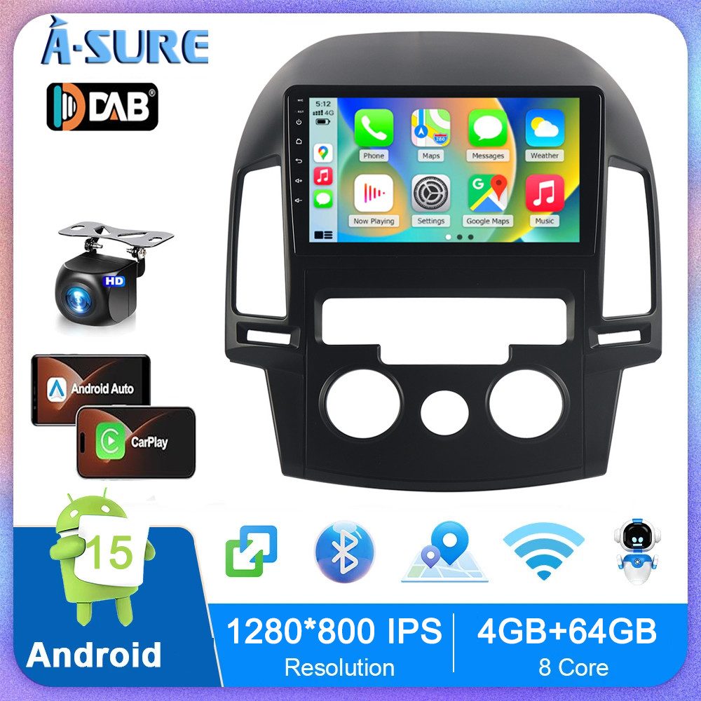 A-Sure 9Zoll Wireless Carplay Android 15 Für FM BT Hyundai i30 MK1 FD 2006-11 Autoradio (Digitalradio (DAB), 8-Core CPU, RDS, DSP, GPS, SWC, Navi, UI Theme, Siri, Mirrorlink, Google play, Netflix, Youtube, Calendar, TikTok)