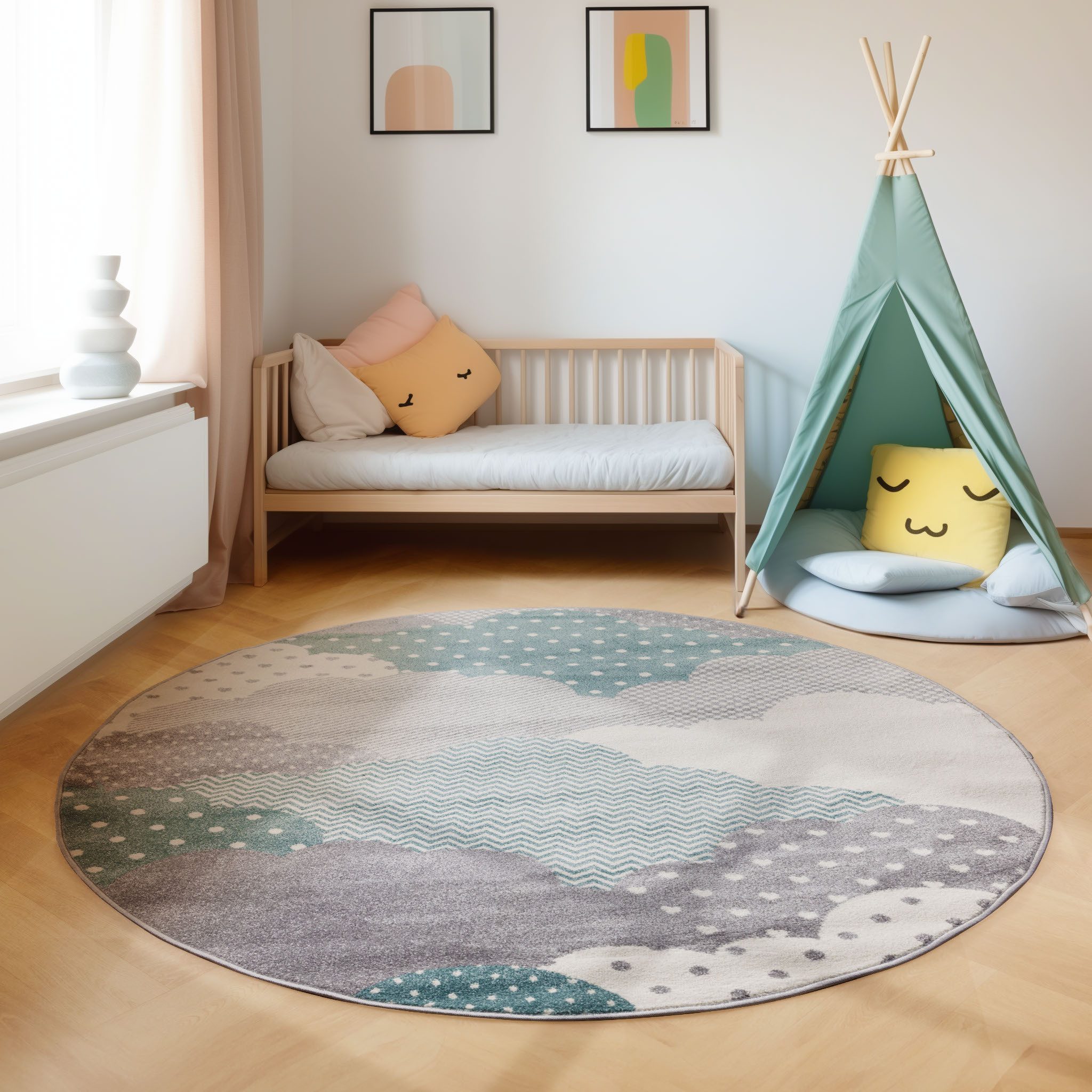 SIMPEX24 Teppich Wolken Design, Rund, Höhe: 10 mm, Teppich Kinderzimmer Wol günstig online kaufen