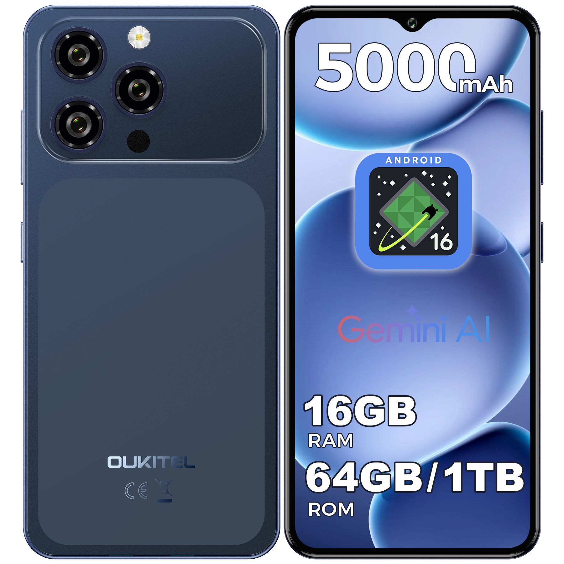 OUKITEL C17 16GB RAM+64GB ROM oder 128GB ROM/TF 1TB, Android 16 Smartphone (16,56 cm/6.52 Zoll, 64 GB Speicherplatz, 13 MP Kamera, 6.52" HD+ Display, 5000mAh, 4G-Dual-SIM, GPS, Gemini)