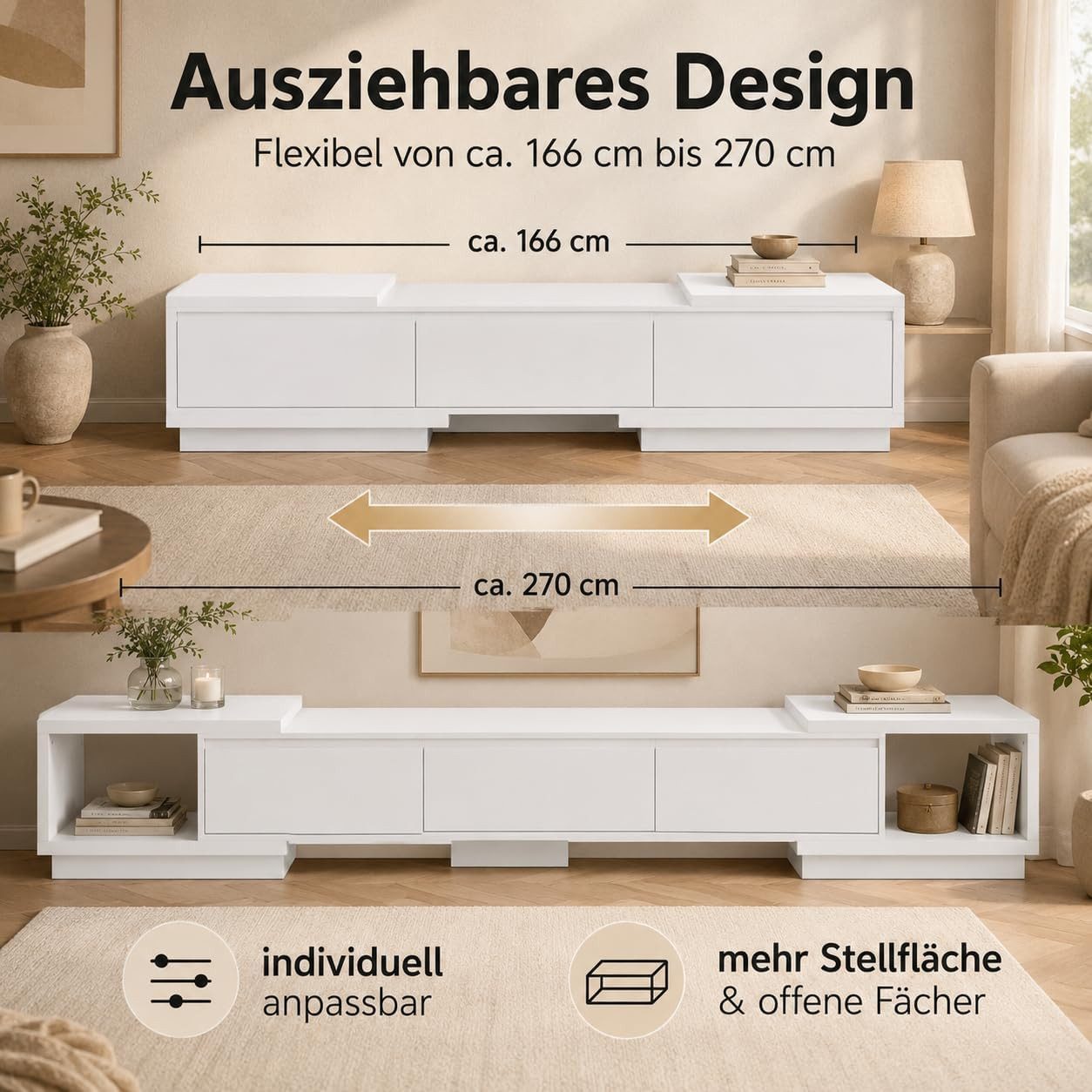 FUFU&GAGA TV-Schrank mit 3 Schubladen und 2 offenen Fächern, 270 x 40 x 39 cm – Bild 3 von 5