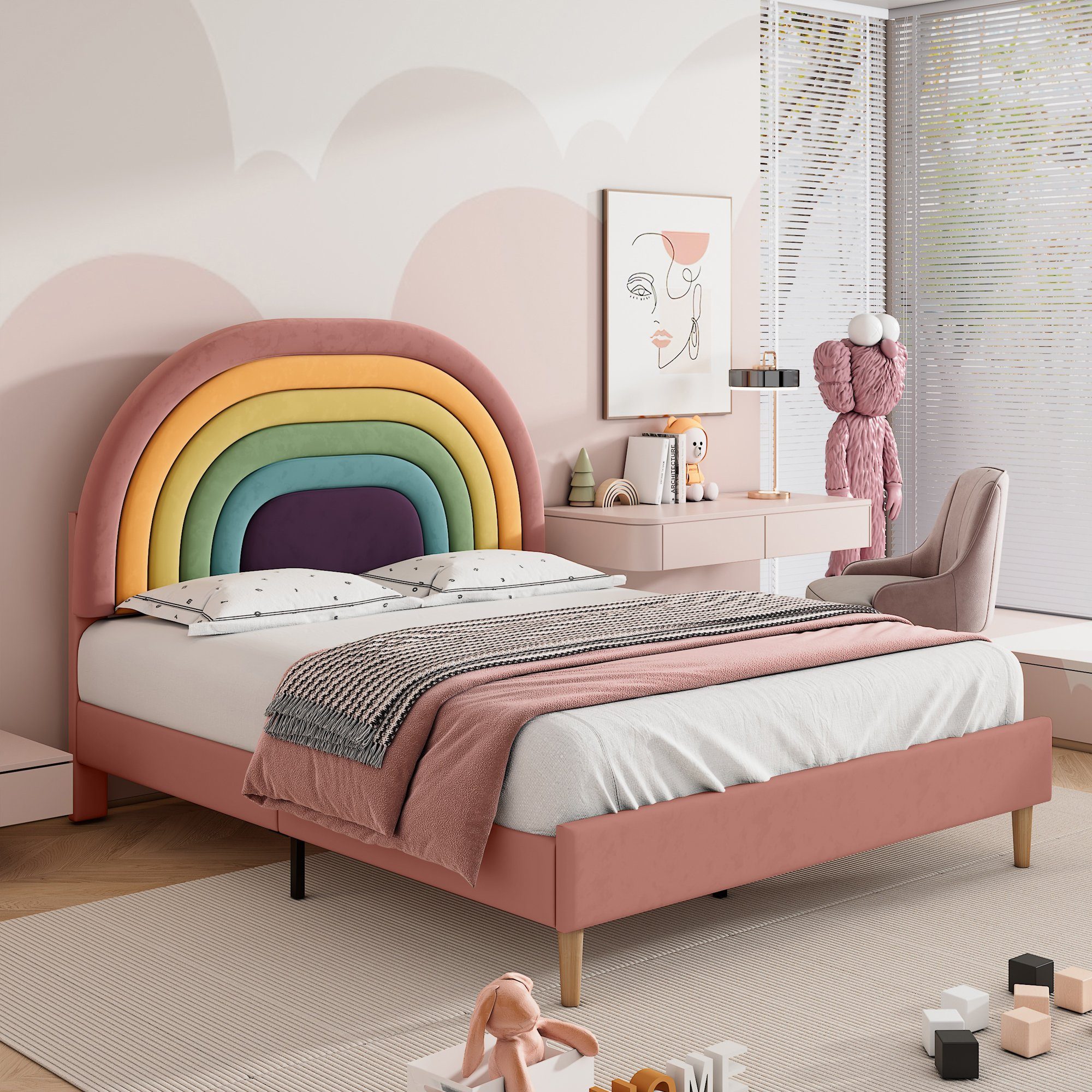 mit rosa verstellbarem 140x200cm Flieks Polsterbett, Samt Kinderbett Regenbogen-Kopfteil