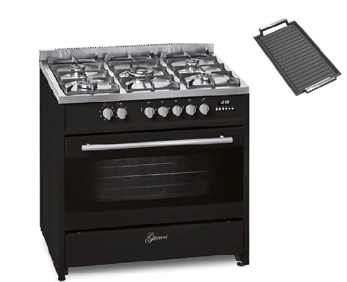 GURARI Gas-Standherd Edelstahl Gas Elektro Standherd 90 cm 121 L Erdgas Fl.Gas 4 Kw WOK GCH E 911 BL +Grillplatte., mit 1-fach-Teleskopauszug