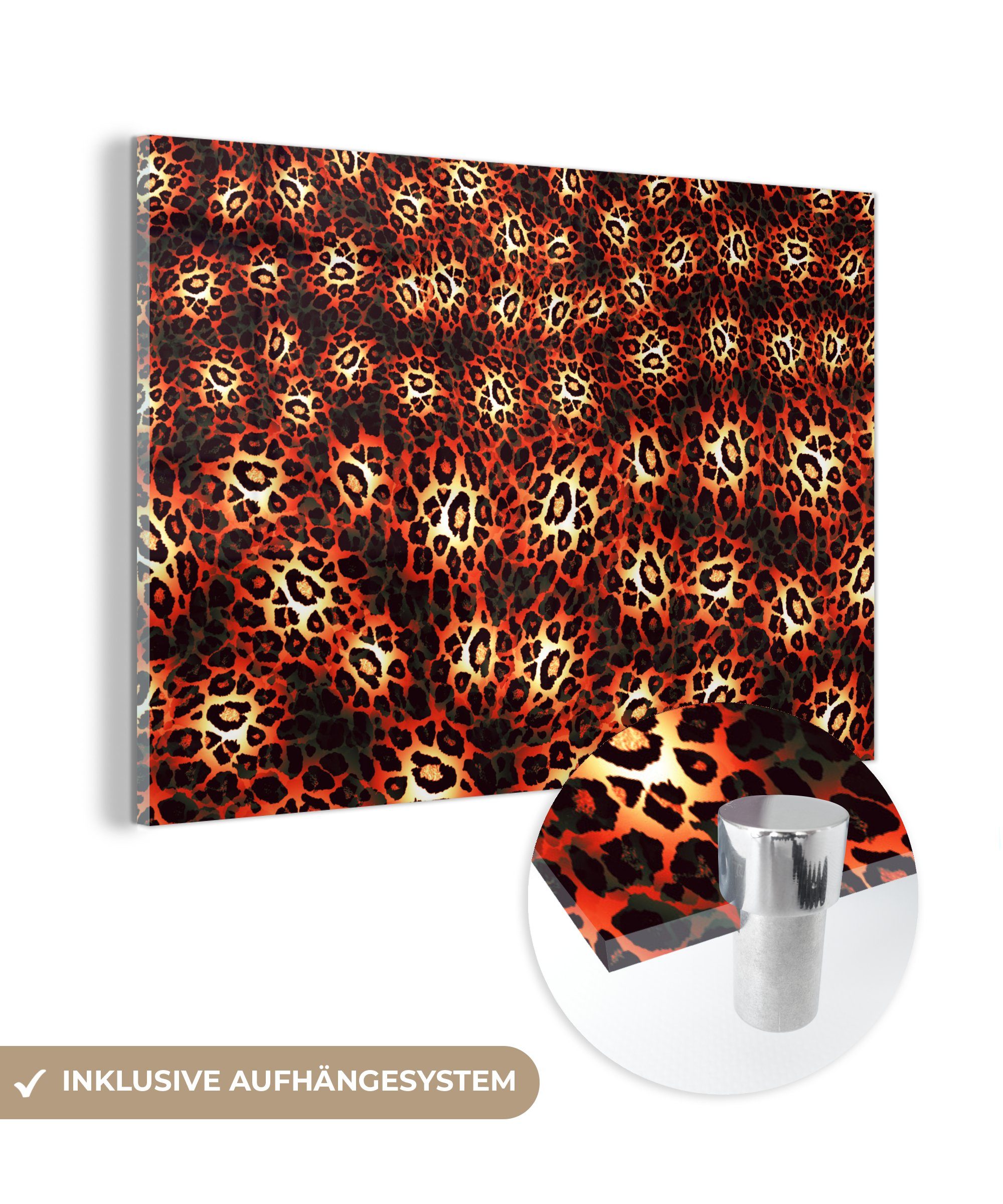 MuchoWow Acrylglasbild Leopardenmuster - Design - Orange, (1 St), Glasbilder - Bilder auf Glas Wandbild - Foto auf Glas - Wanddekoration