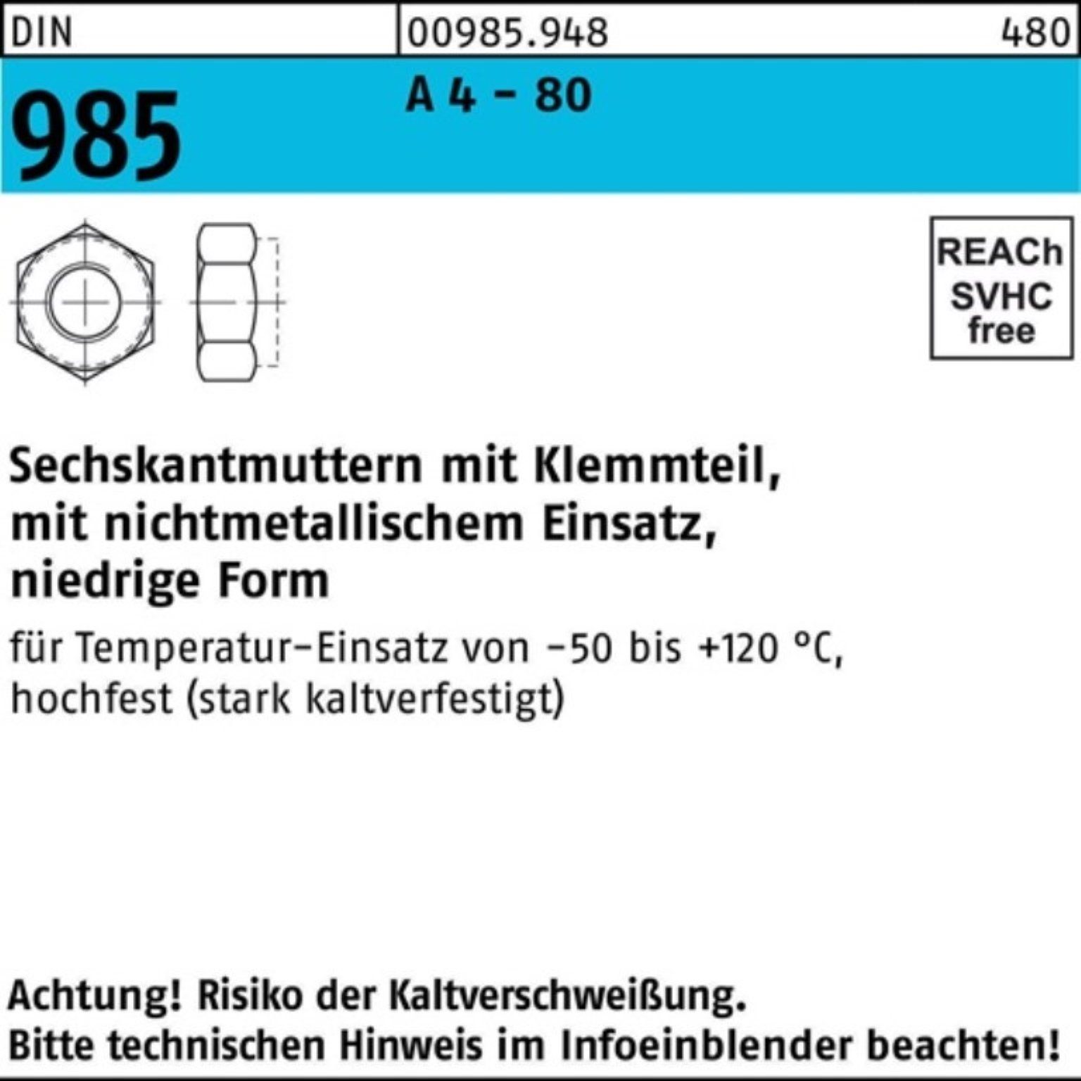 A DIN Sechskantmutter 4 M8 500 Pack - Reyher Muttern 985 ~D 80 Klemmteil Stück 500er