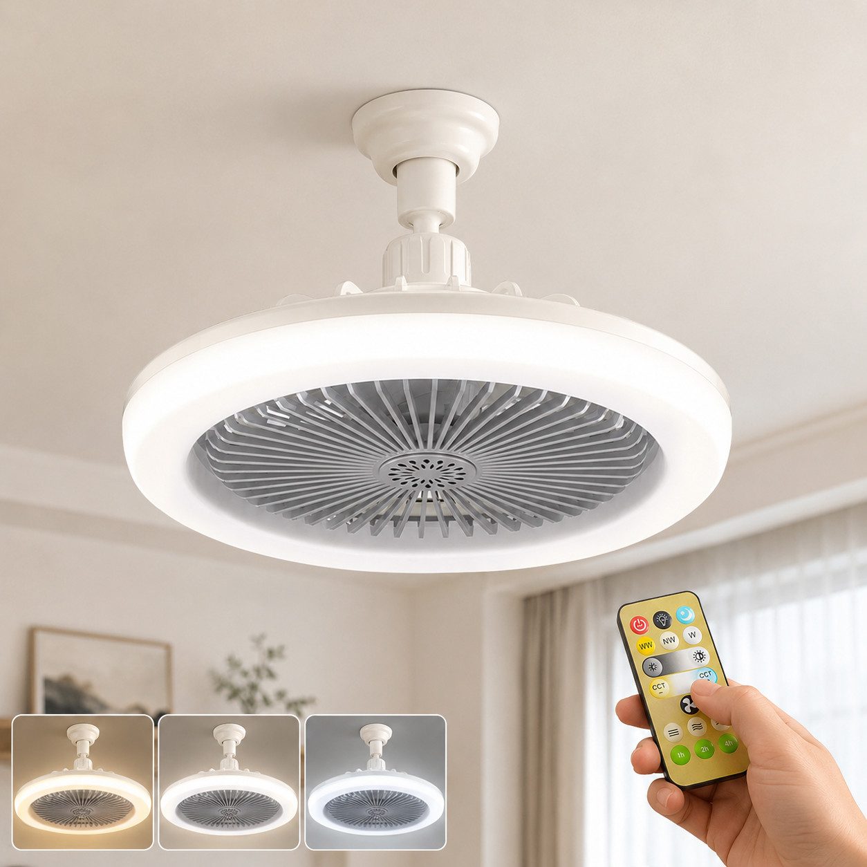 Rosnek Deckenventilator mit Beleuchtung, E27, Fernbedienung & Dimmbar, 25 cm, flaches Design, geschlossen, für Garage, Werkstatt & Lagerraum