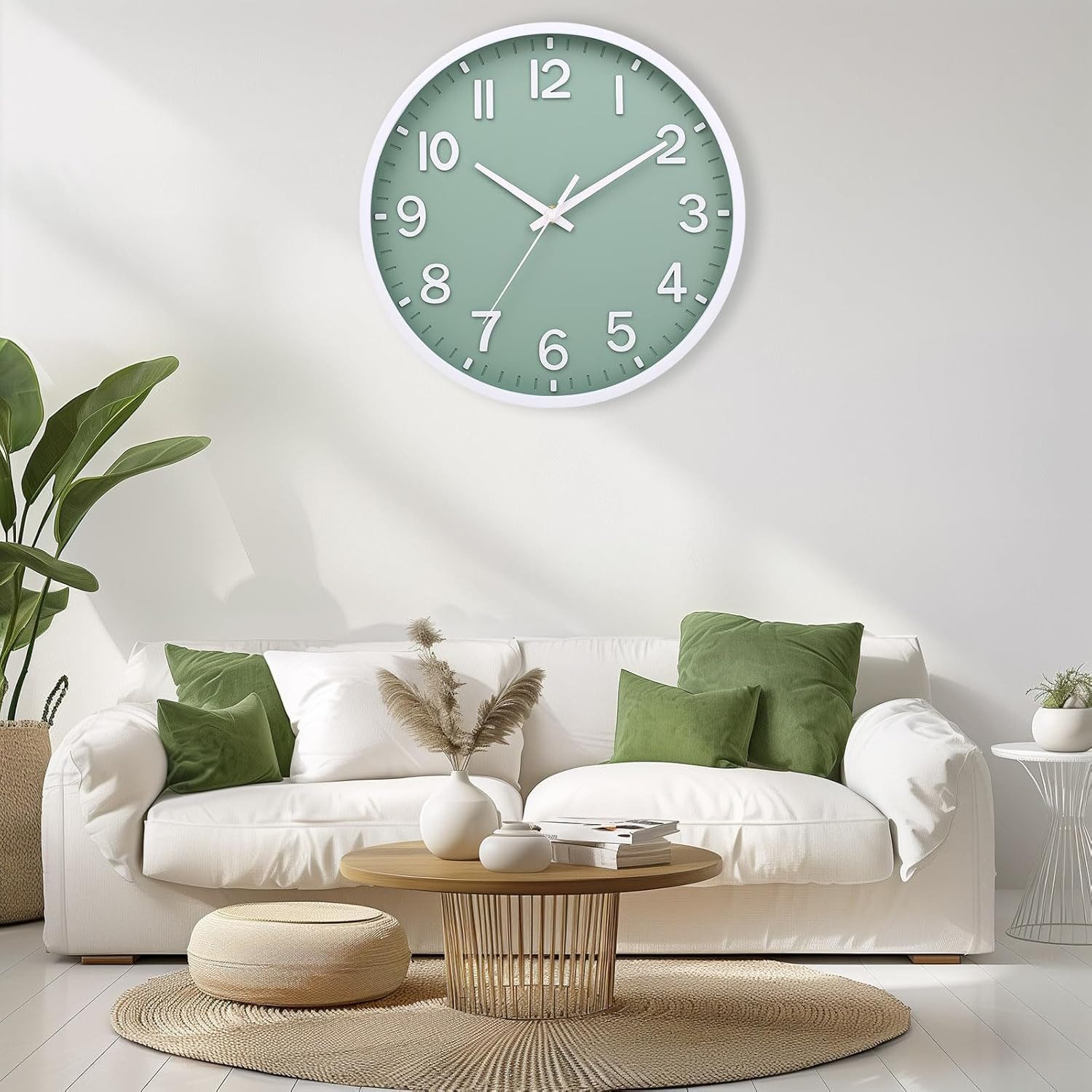 FELIXLEO Funk-Pendelwanduhr 30cm Lautlose Wanduhr Modern Batteriebetrieben Grün Weiß Zuhause.