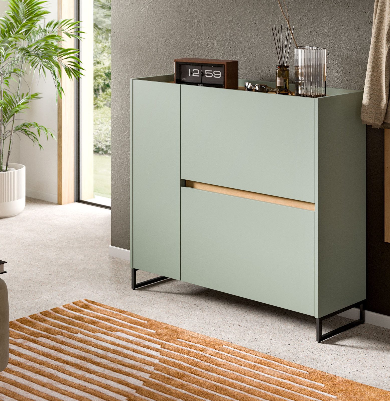 Inn.Furn Schuhkipper Borga (Flur Kommode in Salbei mit Eiche Artisan, 110 x 94 cm), mit zusätzlichem Stauraum und Soft-Close