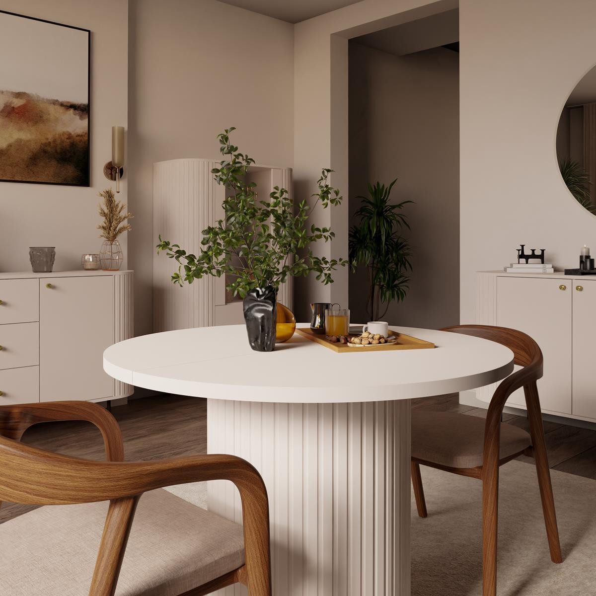 Compleo Esstisch ZANTO Ausziehtisch mit runder Platte und stabilem Zentralgestell, 100–188 cm, Sandbeige, 28-mm-Platte, familienfreundlich – Bild 5 von 5