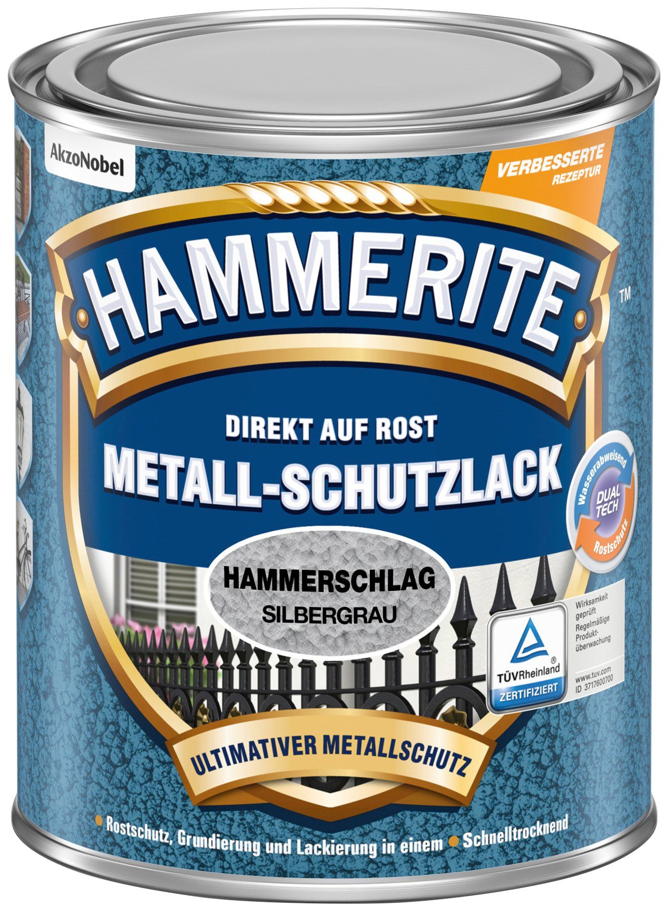 Hammerite  Metallschutzlack DIREKT AUF ROST, 0,25 Liter, grau Hammerschlag