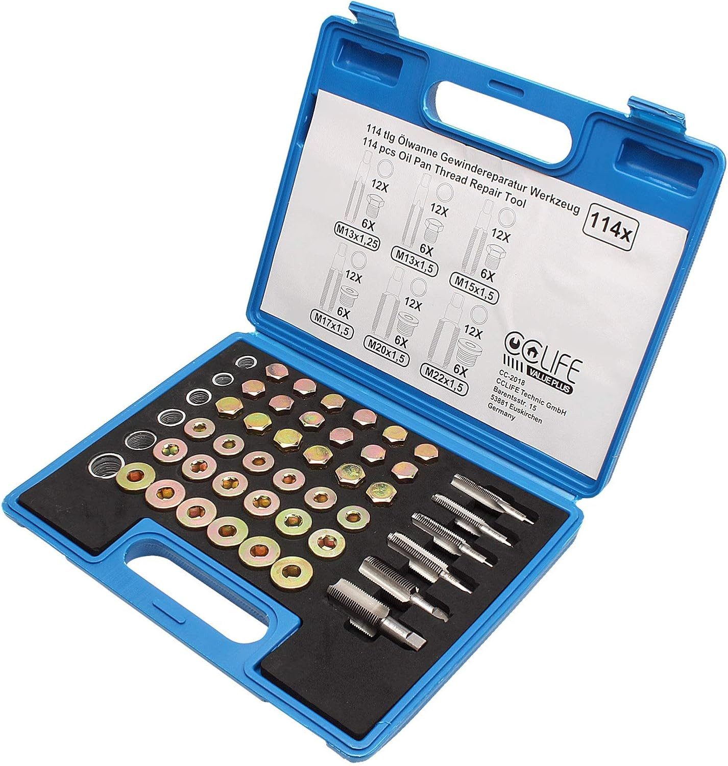 CCLIFE Schrauben-Set Ölablassschraube Reparatur Satz, (Set, 36 Ölablassschrauben M13-M22;72 Dichtringe M13-M22;6 Gewindebohrer)