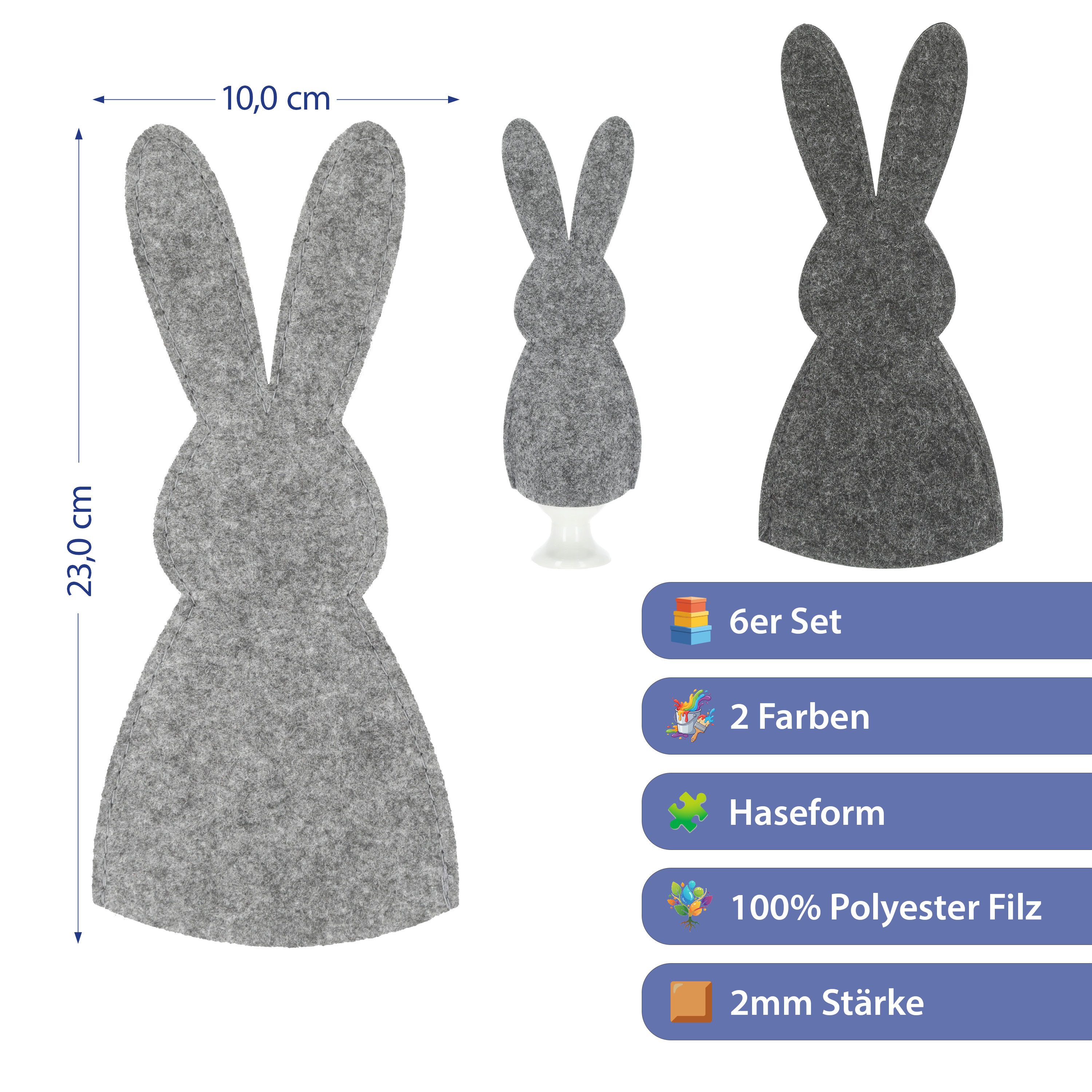 CEPEWA Eierbecher Eierwärmer Hase 6er Set Polyesterfilz grau anthrazit 10,5x23cm Ostern