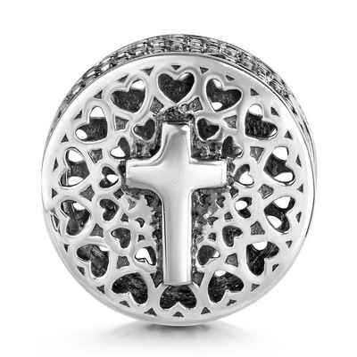 Materia Bead Silber Kreuz Religion mit Herzen rund Ø10,5mm 931, 925 Sterling Silber