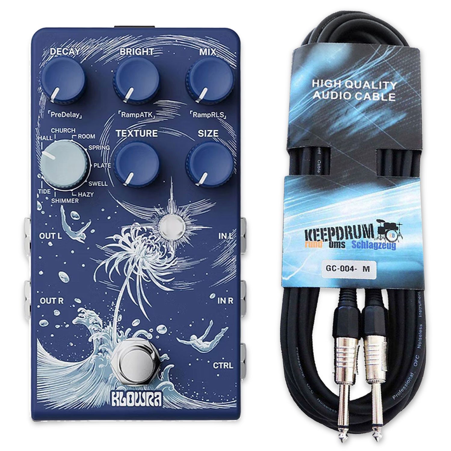 Klowra E-Gitarre Klowra Effektgerät Limbo Reverb Pedal mit Kabel, Effektgerät, Vorteils-Set mit Kabel