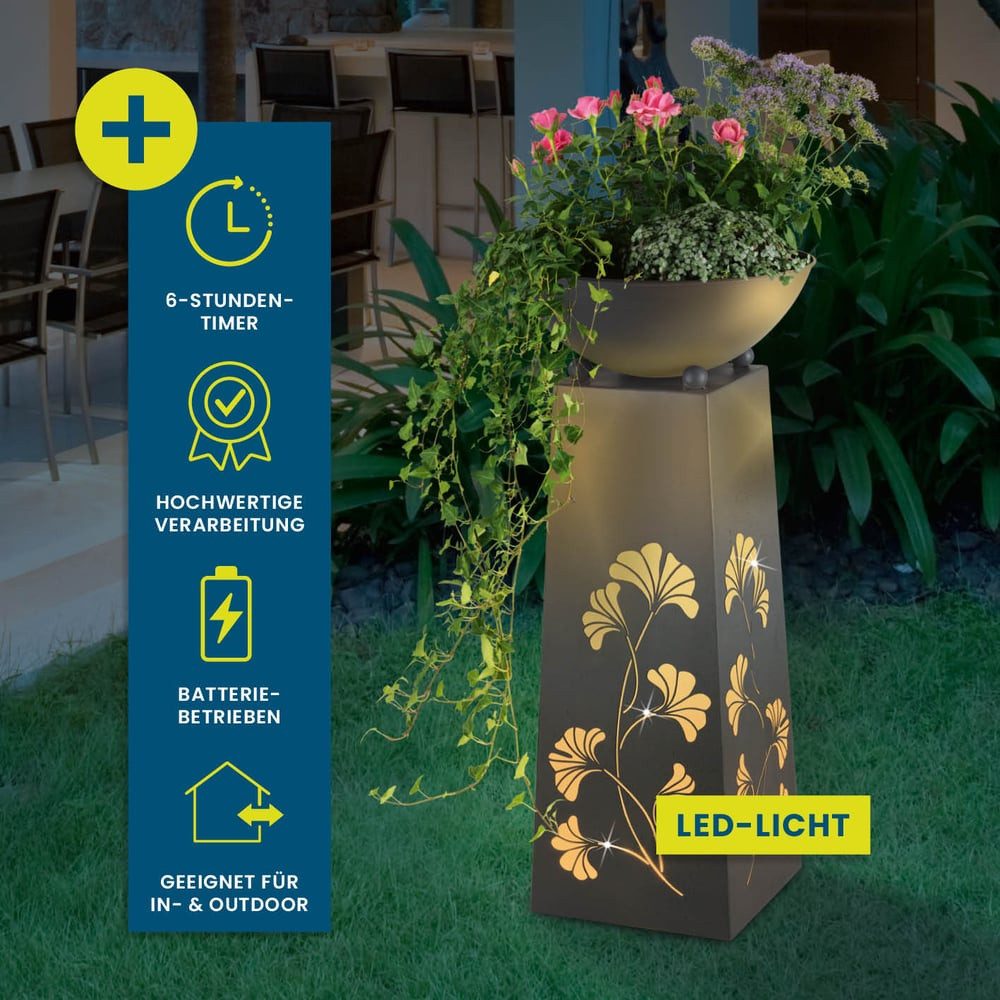 Hoberg Dekosäule LED Pflanzsäule Ginkgoblätter-Design in Beton-Optik, In- und Outdoor geeignet, Integrierte Beleuchtung, 6h Timer, kabellos
