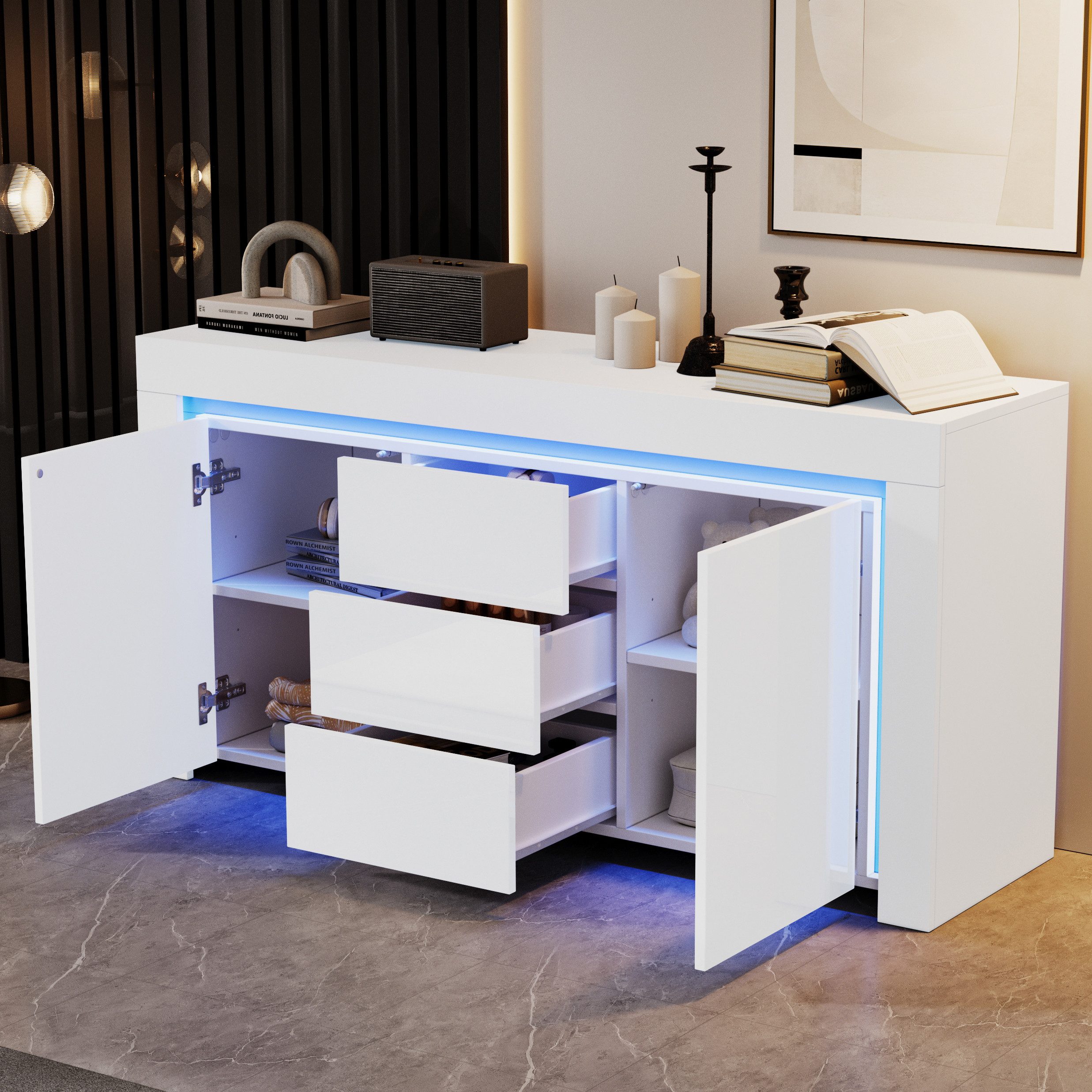 Merax Sideboard Hochglanz Anrichte mit LED-Beleuchtung (für Flur, Wohnzimme günstig online kaufen