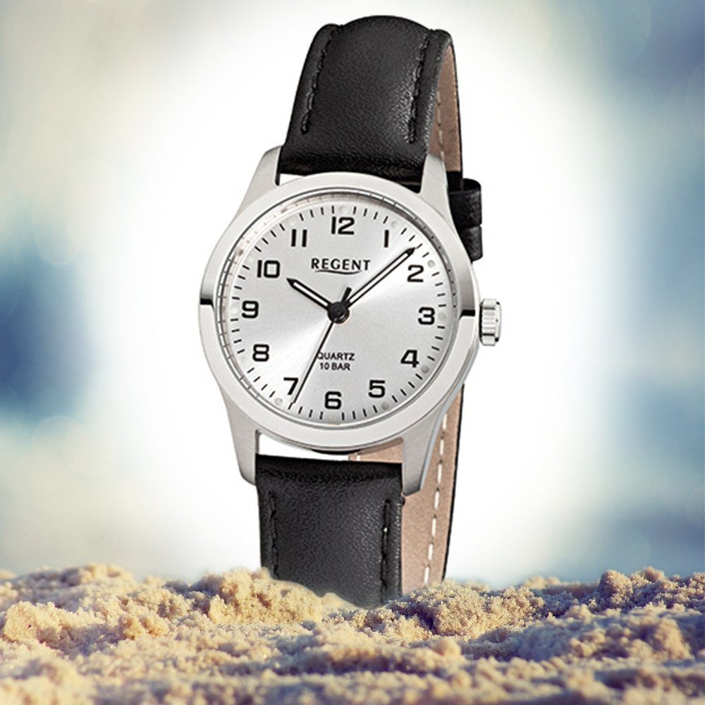 Damen Armbanduhr Regent Damen-Armbanduhr rund, (ca. Analog, schwarz 28mm), Lederarmband Regent klein Quarzuhr