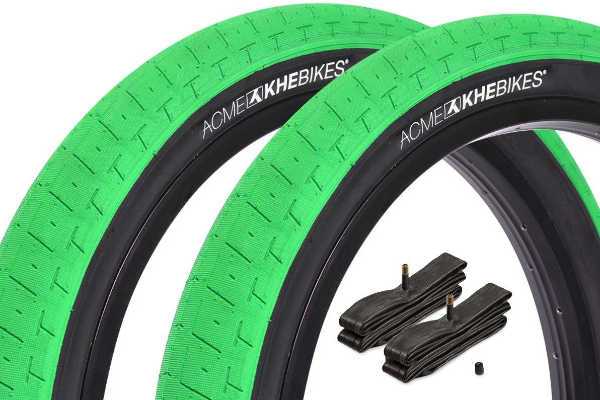 KHEbikes Fahrradreifen BMX Reifen Set KHE ACME 20 Zoll x 2,40 Grün mit Schlauch AV, Stahlband (steel beaded)