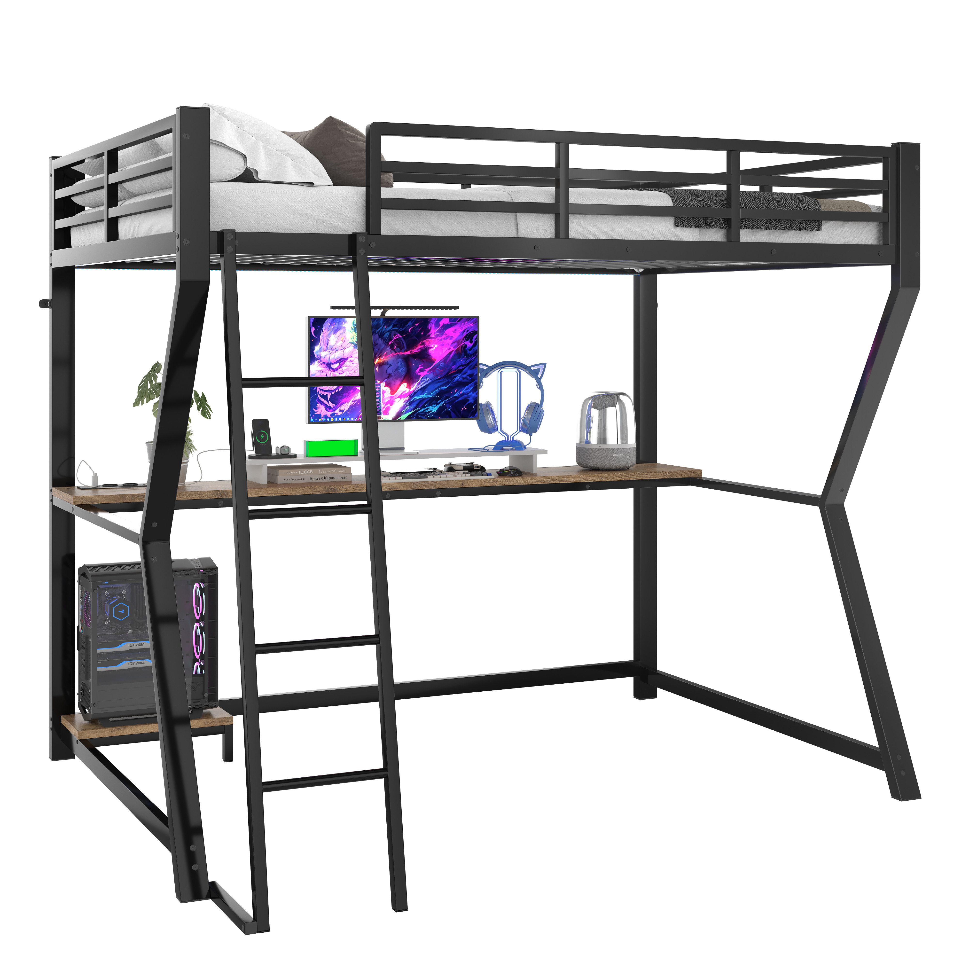 OKWISH Hochbett Funktionsbett,Kinderbett (Hochbett 90x200cm mit Ambientelicht, Computerkonsolenablage & Schreibtisch, mit USB-Steckdose, Geländer & Treppe, ohne Matratze – Perfekt für Kinderzimmer & Home Office) ohne Matratze