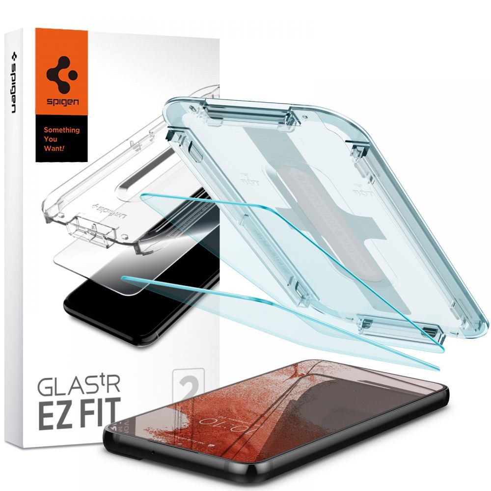 Spigen Displayschutzglas Panzerglas Bildschirmschutz Schutzglas für Samsung Galaxy S22, Spar-Set, 2 Stück, Härte 9H, Montagerahmen, 2,5D-Kanten, oleophob