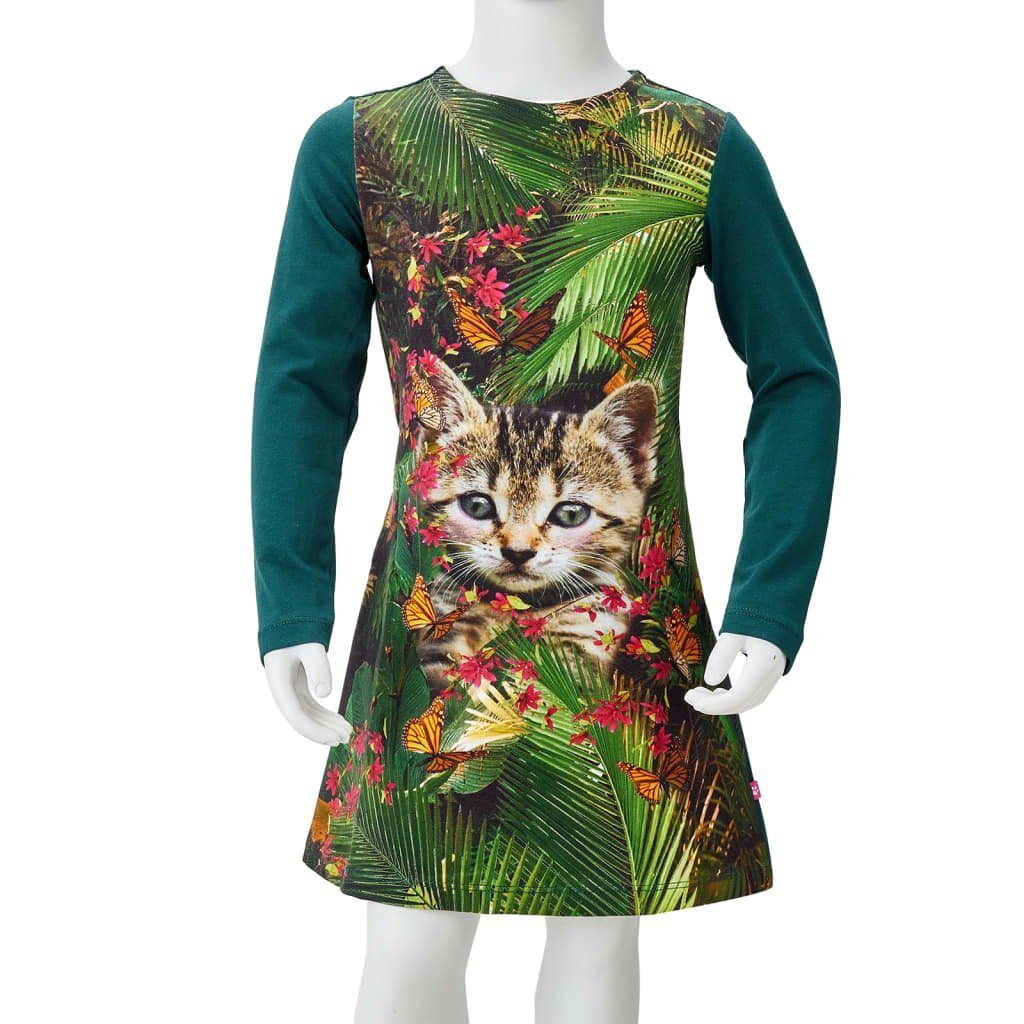 Ärmeln Katzen-Aufdruck Langen Kinderkleid vidaXL 104 Dunkelgrün Kurz A-Linien-Kleid mit