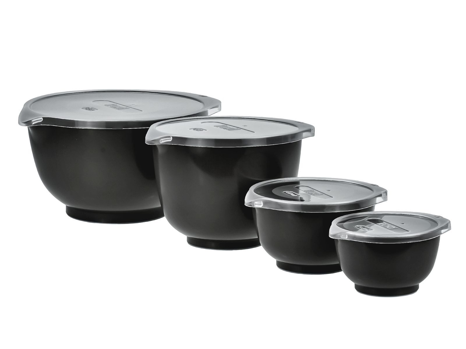 ROSTI Rührschüssel "Margrethe New" 0,25 + 0,5 + 1,5 und 3 Liter Set mit Deckel, Kunststoff, (Spar-Set, 4-tlg), spülmaschinenfest, auch für Mikrowelle und Gefrierschrank (schwarz)