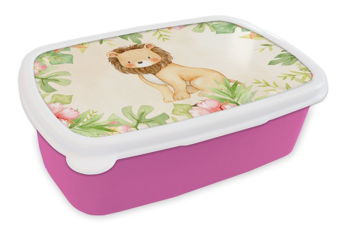 MuchoWow Lunchbox Löwe - Dschungel - Aquarell, Kunststoff, (2-tlg), Brotbox für Erwachsene, Brotdose Kinder, Snackbox, Mädchen, Kunststoff rosa