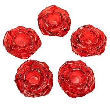 Online-Fuchs Kerzenständer 5er Set Kerzenhalter für Stabkerzen als Rosenblüten Rosen-Design ROT, Maße: 7x7x8 cm, aus Glas, für Tafelkerzen mit 2,1 cm Durchmesser