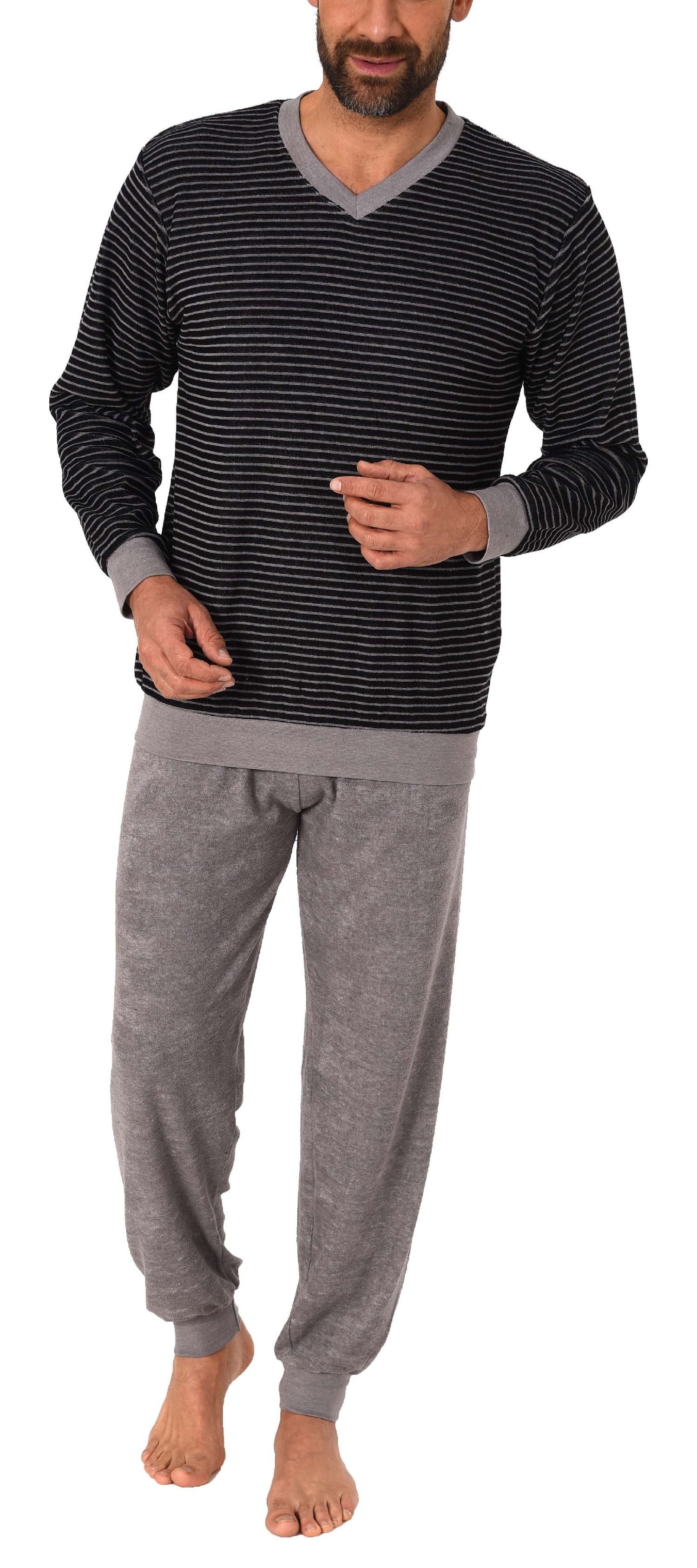 Normann Pyjama Herren Frottee Pyjama langarm mit Bündchen in Ringel Optik