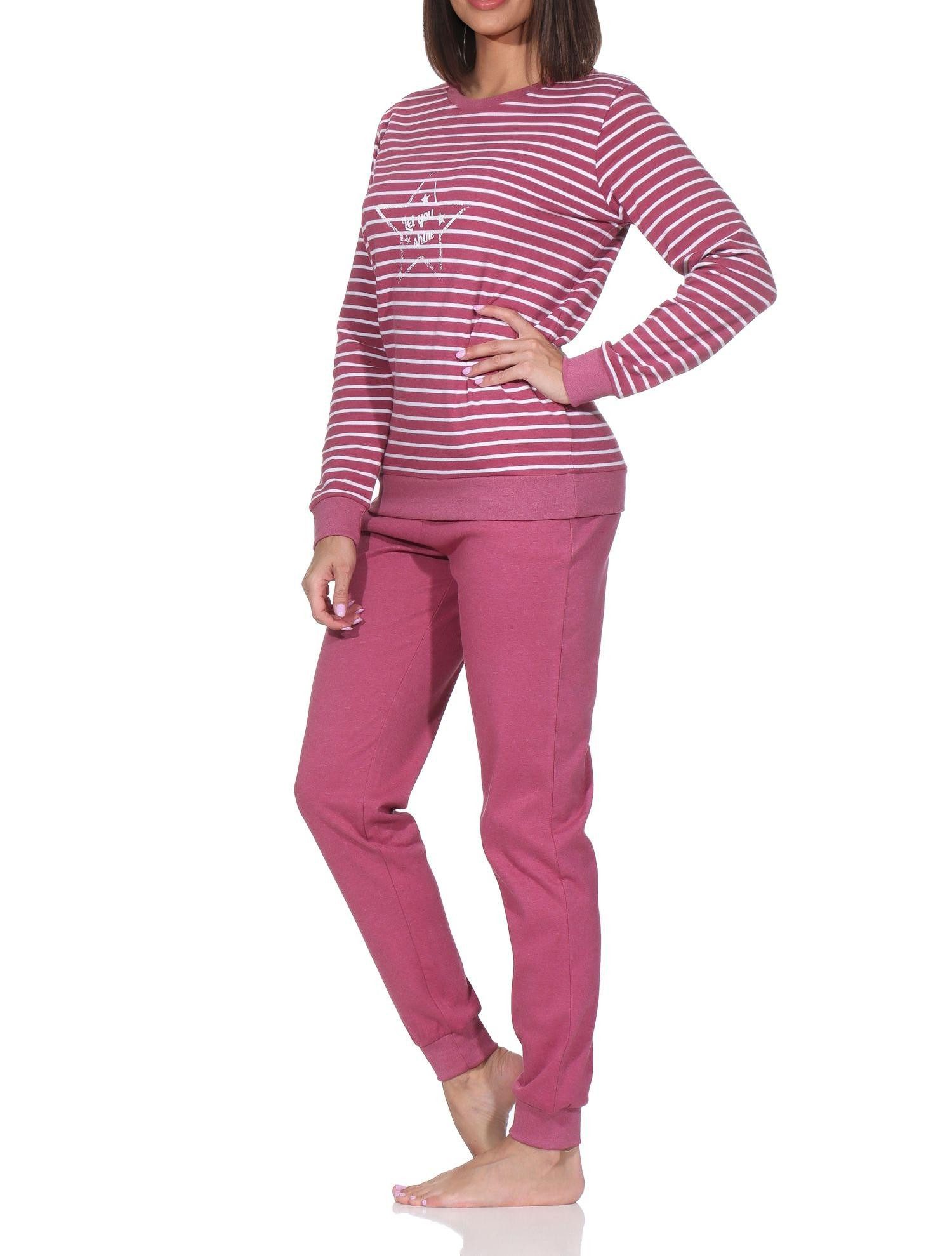 Normann Pyjama Kuscheliger Damen Schlafanzug lang mit Bündchen und Stern Motiv – Bild 4 von 5